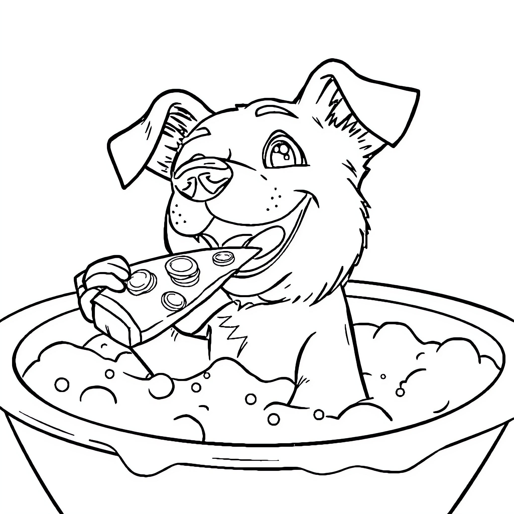 Dog enjoying a bath with toys Coloring Page (free black-and-white line drawing printable PDF for all, from beginners to advanced learners, including children, teens, adults, and seniors)