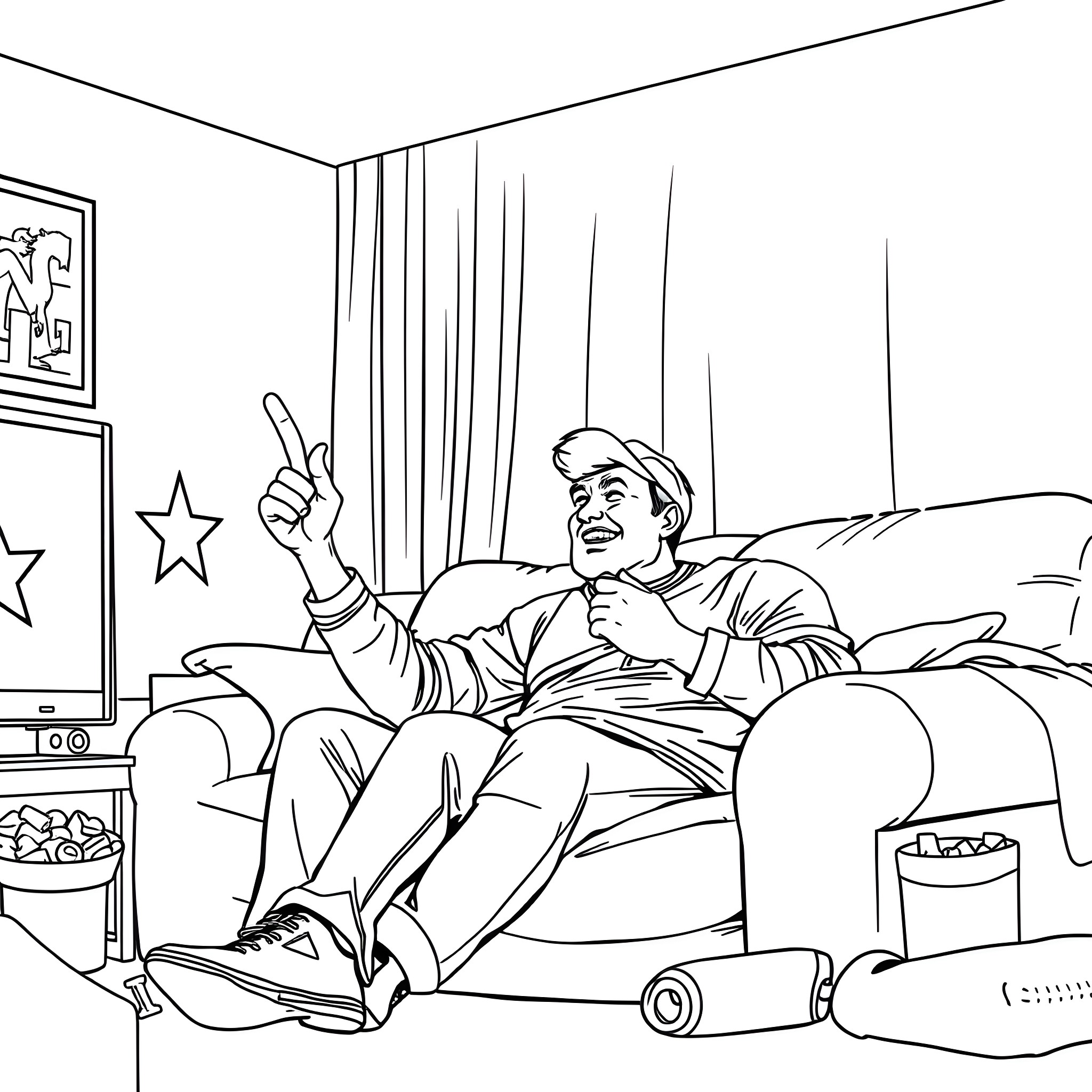 Dad relaxing happily on the couch Coloring Page (free black-and-white line drawing printable PDF for all, from beginners to advanced learners, including children, teens, adults, and seniors)