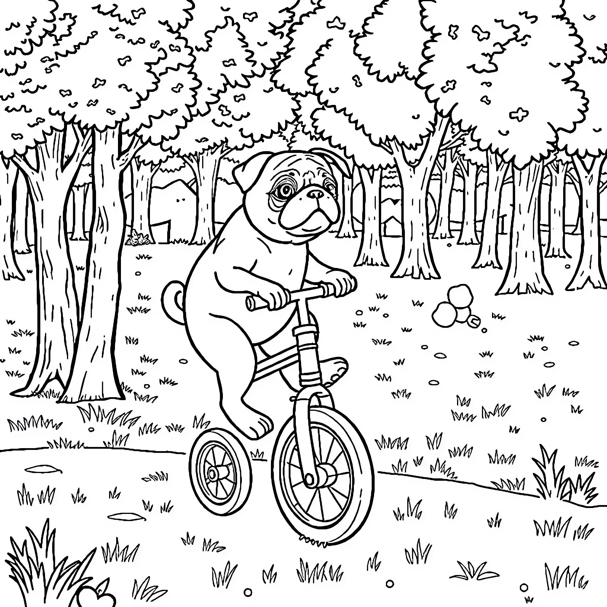 Pug riding a bicycle in the forest Coloring Page (free black-and-white line drawing printable PDF for all, from beginners to advanced learners, including children, teens, adults, and seniors)