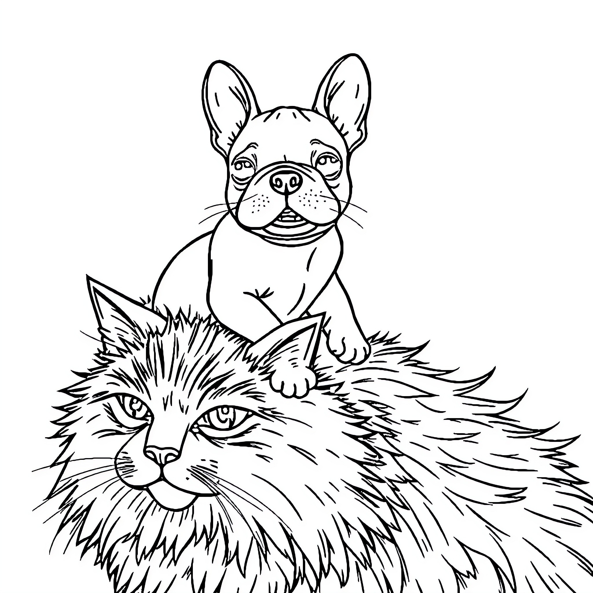 French Bulldog sitting on fluffy cat Coloring Page (free black-and-white line drawing printable PDF for all, from beginners to advanced learners, including children, teens, adults, and seniors)
