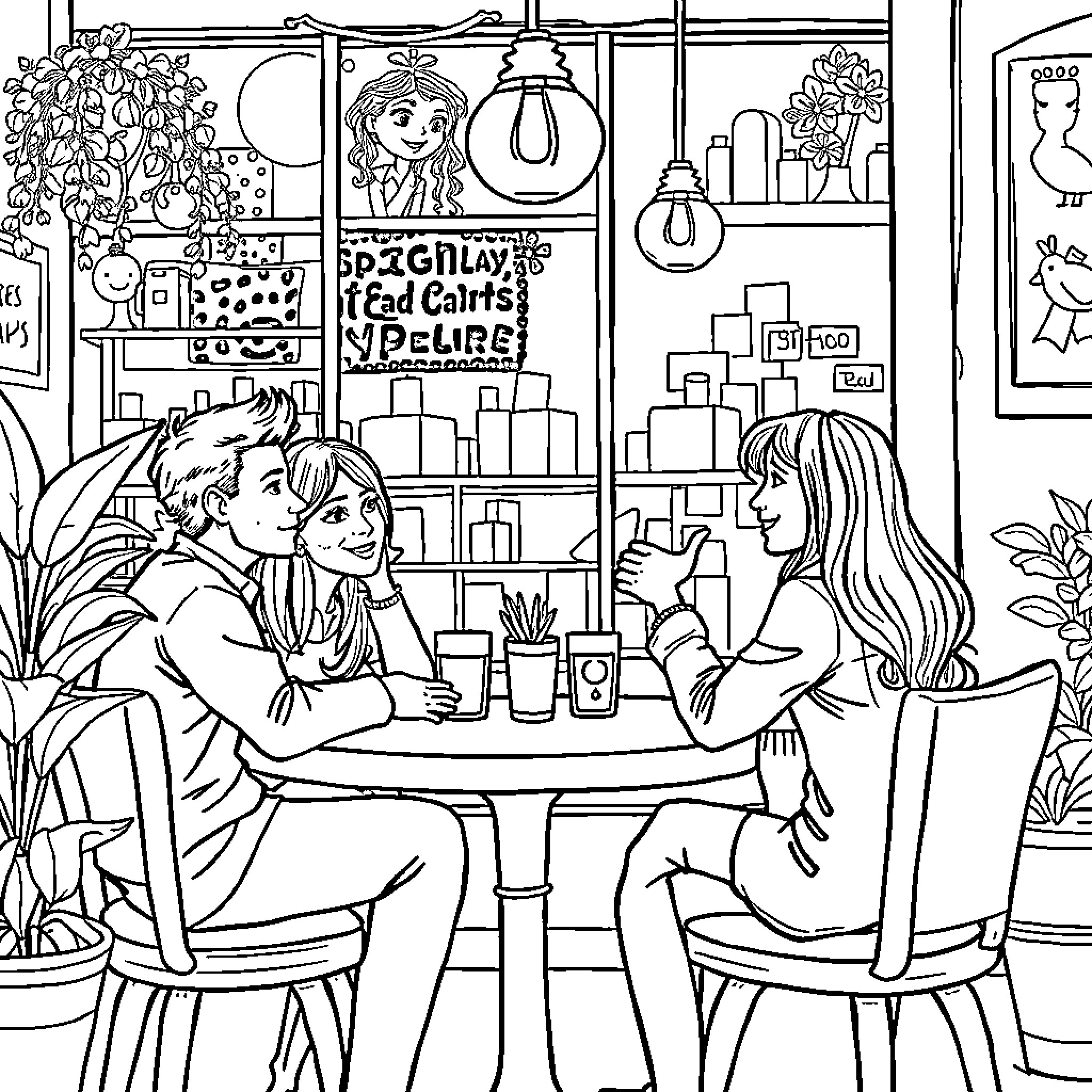 Cat Enjoying Cozy Cafe with Friends Coloring Page (free black-and-white line drawing printable PDF for all, from beginners to advanced learners, including children, teens, adults, and seniors)