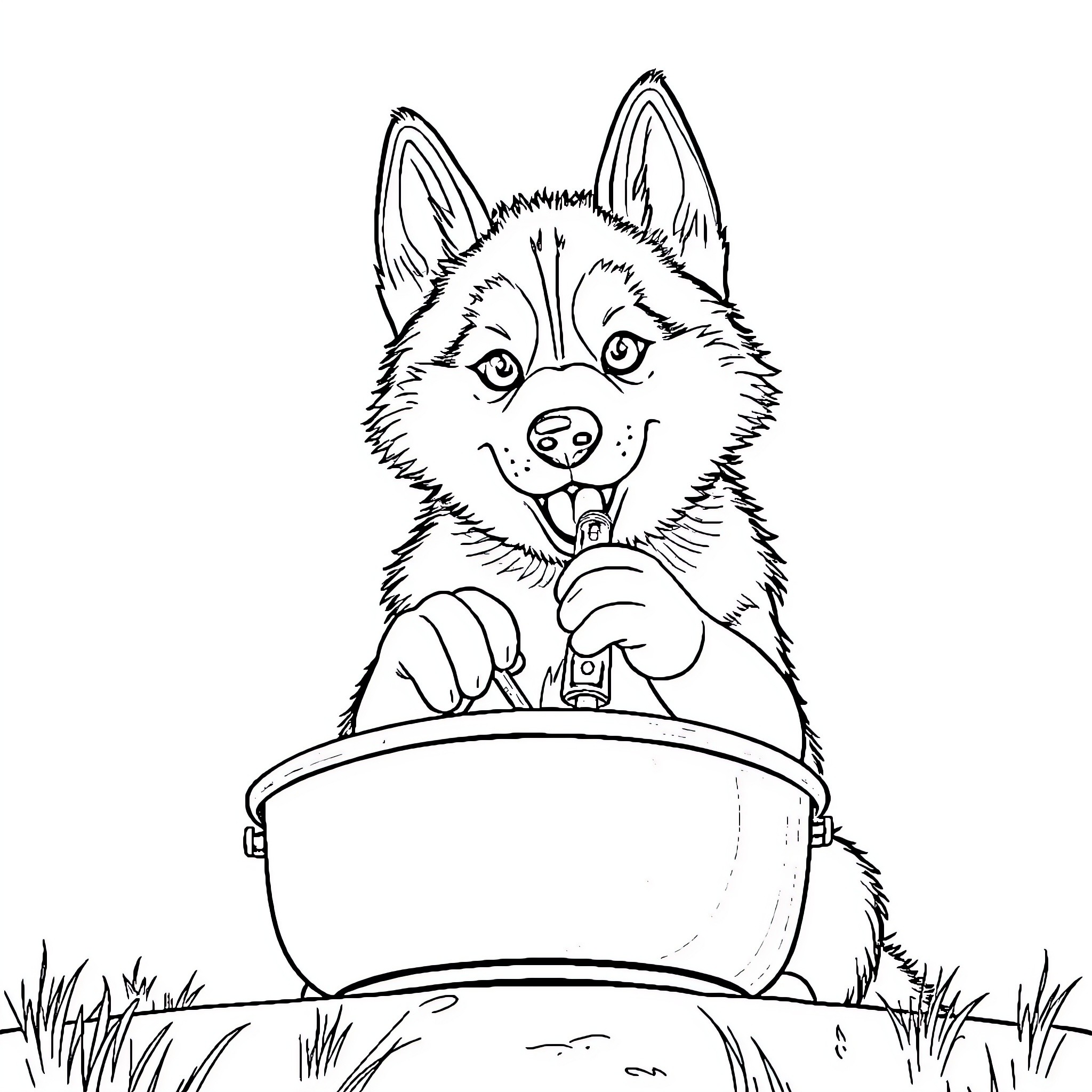 Husky pup playing with cooking pot in the yard Coloring Page (free black-and-white line drawing printable PDF for all, from beginners to advanced learners, including children, teens, adults, and seniors)