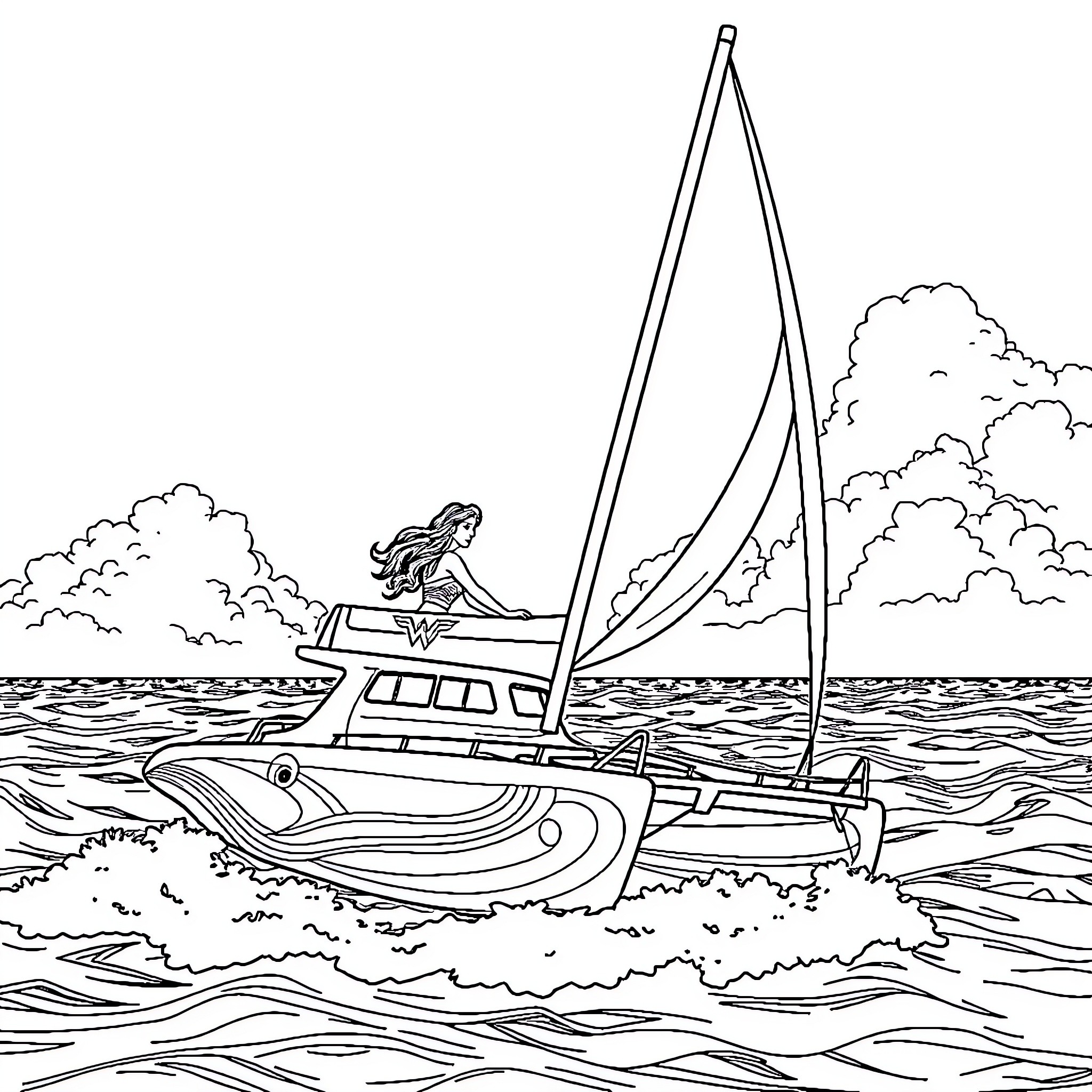 Wonder Woman sailing a yacht on the open sea Coloring Page (free black-and-white line drawing printable PDF for all, from beginners to advanced learners, including children, teens, adults, and seniors)