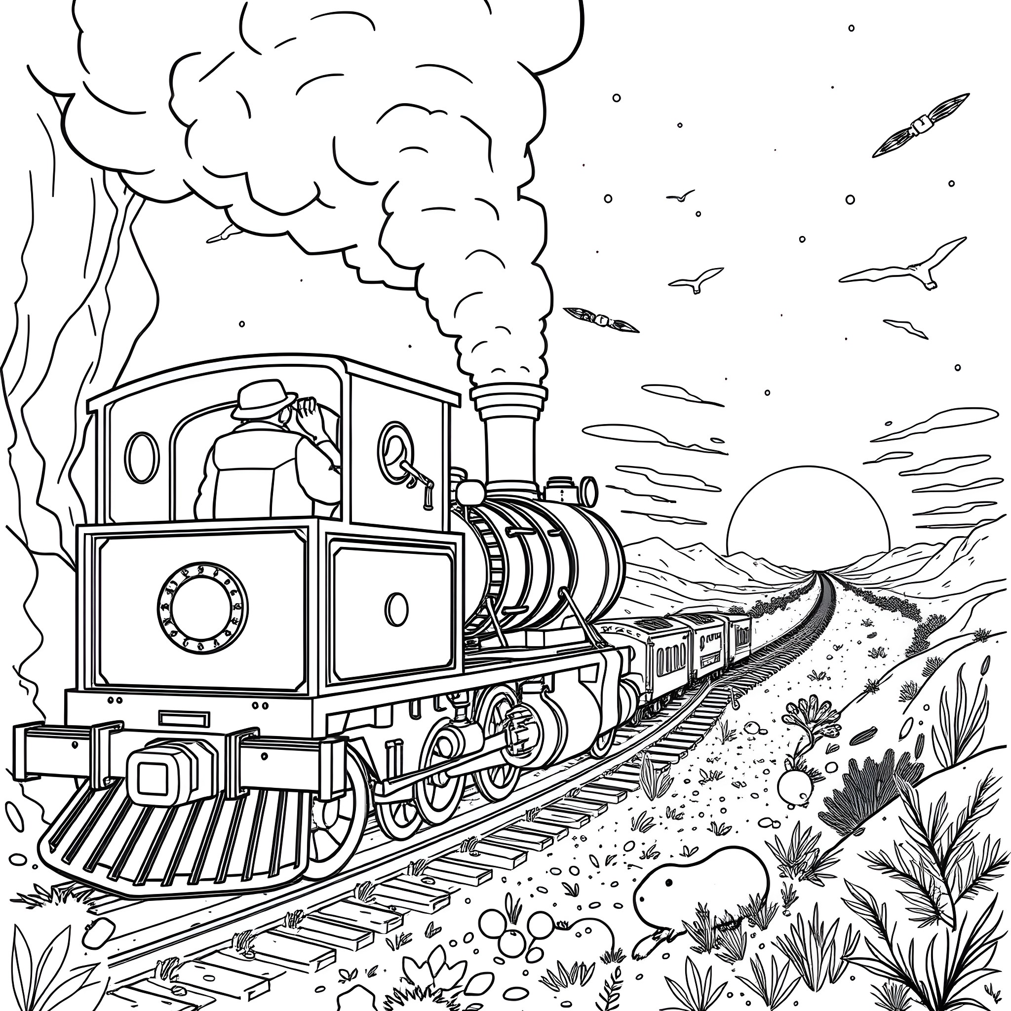 Dinosaur train chugging through the wilderness Coloring Page (free black-and-white line drawing printable PDF for all, from beginners to advanced learners, including children, teens, adults, and seniors)
