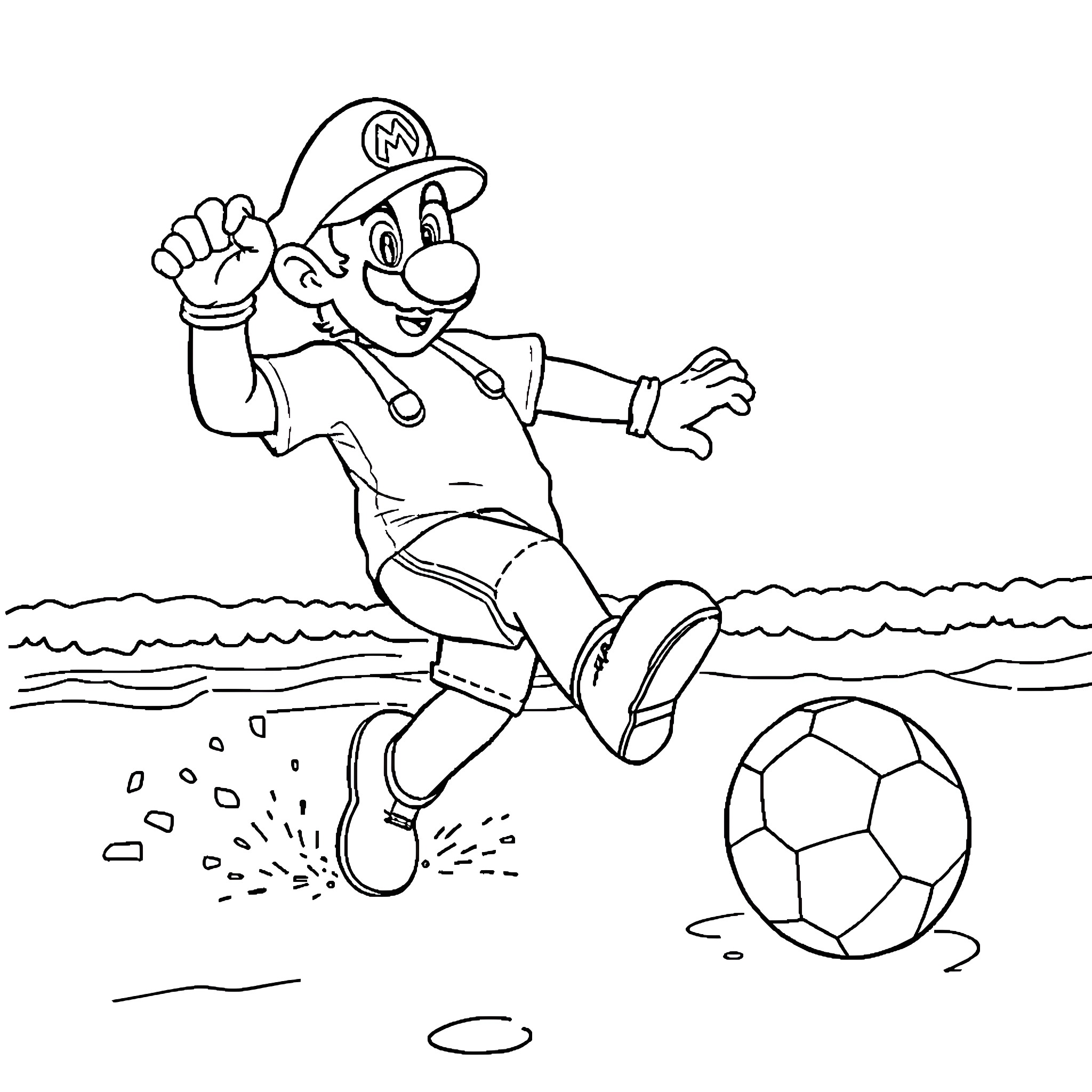 Luigi kicking soccer ball on the beach Coloring Page (free black-and-white line drawing printable PDF for all, from beginners to advanced learners, including children, teens, adults, and seniors)