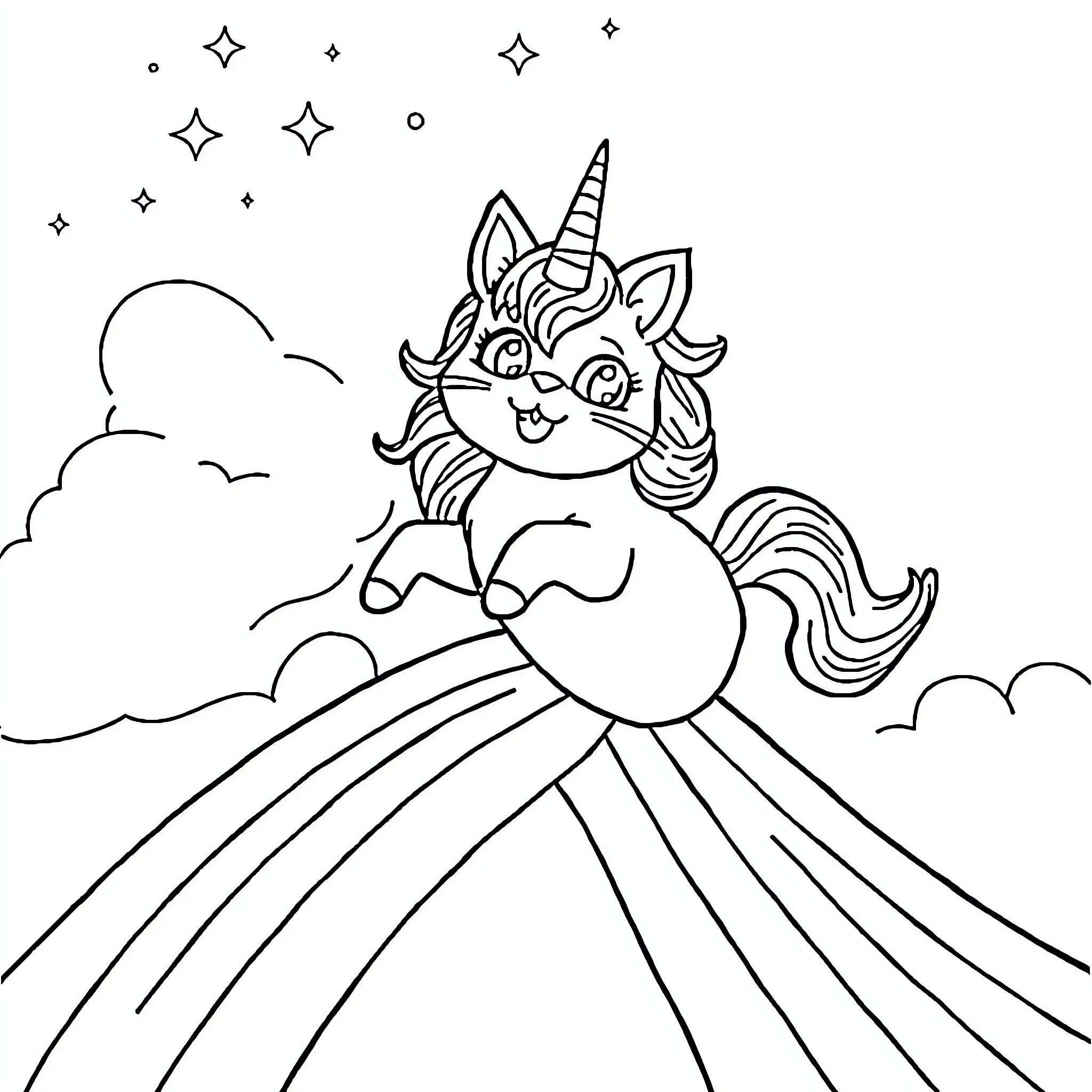 Unicorn Cat playing cheerfully in the starry night Coloring Page (free black-and-white line drawing printable PDF for all, from beginners to advanced learners, including children, teens, adults, and seniors)
