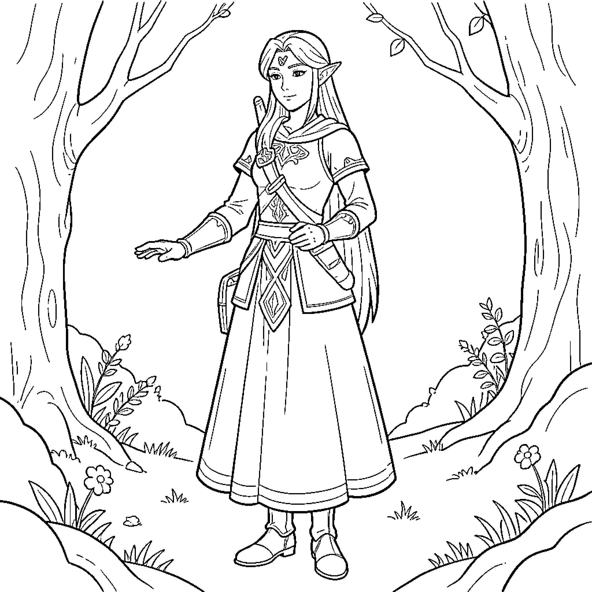 Princess standing gracefully in a mystical forest Coloring Page (free black-and-white line drawing printable PDF for all, from beginners to advanced learners, including children, teens, adults, and seniors)