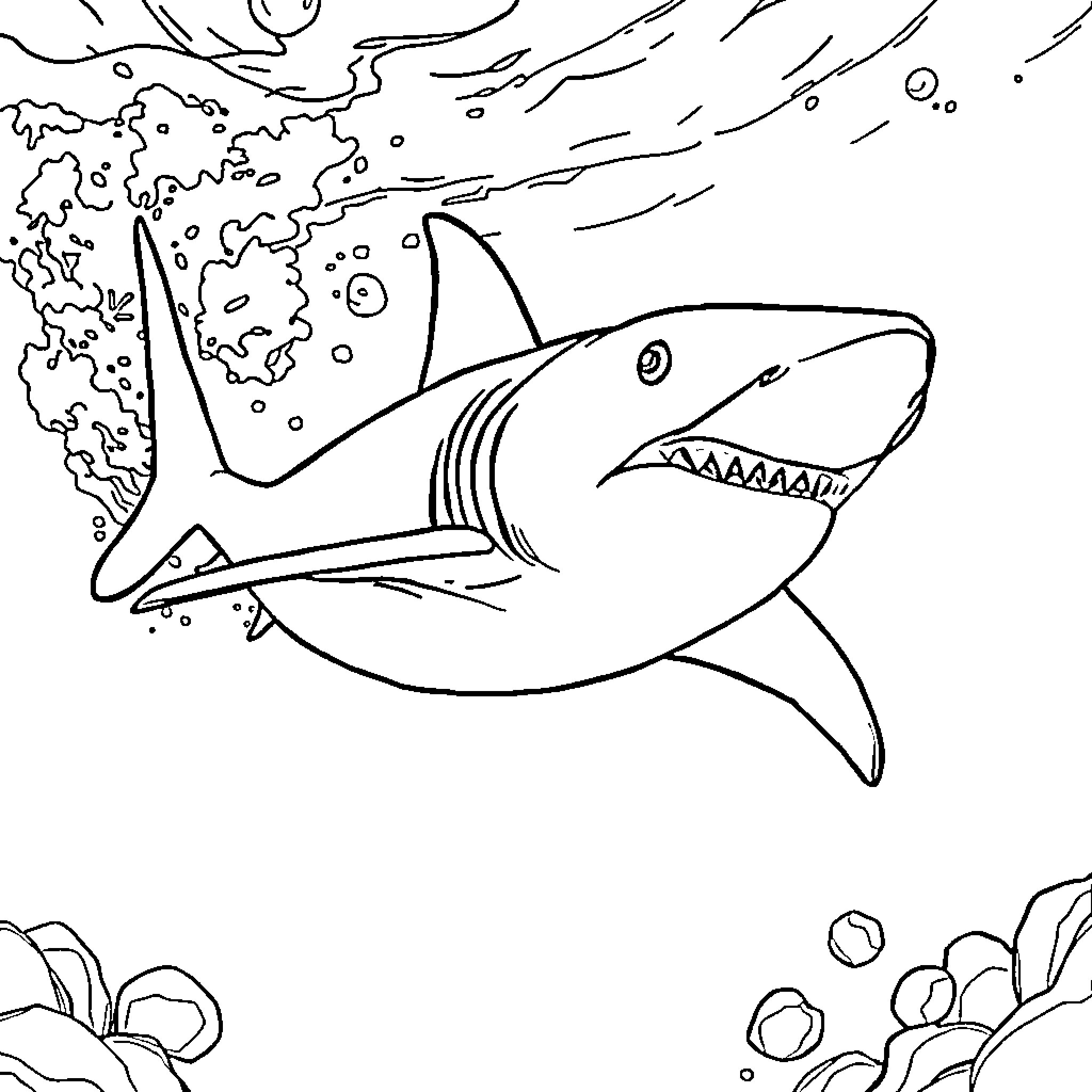 Shark hunting ferociously in the ocean Coloring Page (free black-and-white line drawing printable PDF for all, from beginners to advanced learners, including children, teens, adults, and seniors)