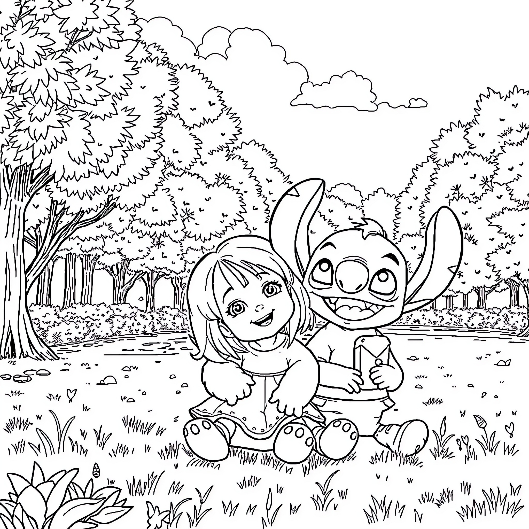 Stitch and friend explore the enchanted forest Coloring Page (free black-and-white line drawing printable PDF for all, from beginners to advanced learners, including children, teens, adults, and seniors)