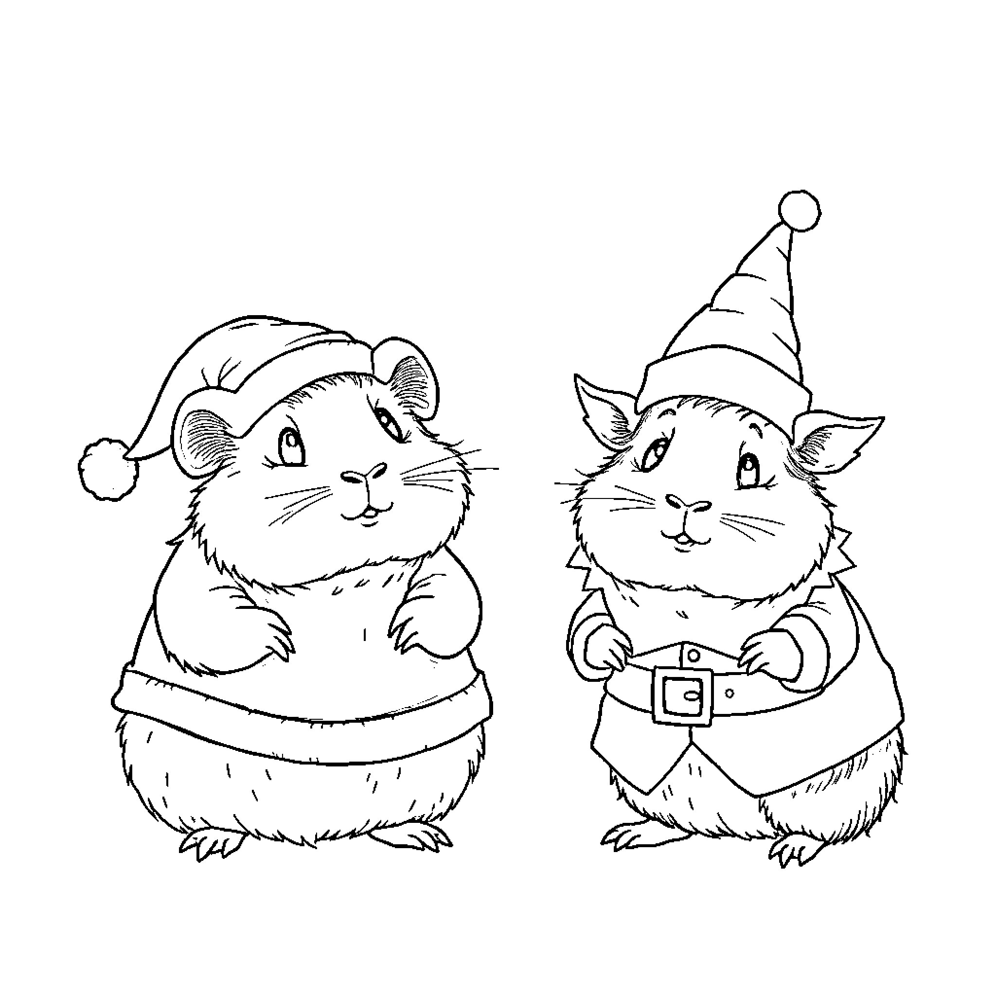 Guinea Pigs in festive holiday outfits Coloring Page (free black-and-white line drawing printable PDF for all, from beginners to advanced learners, including children, teens, adults, and seniors)