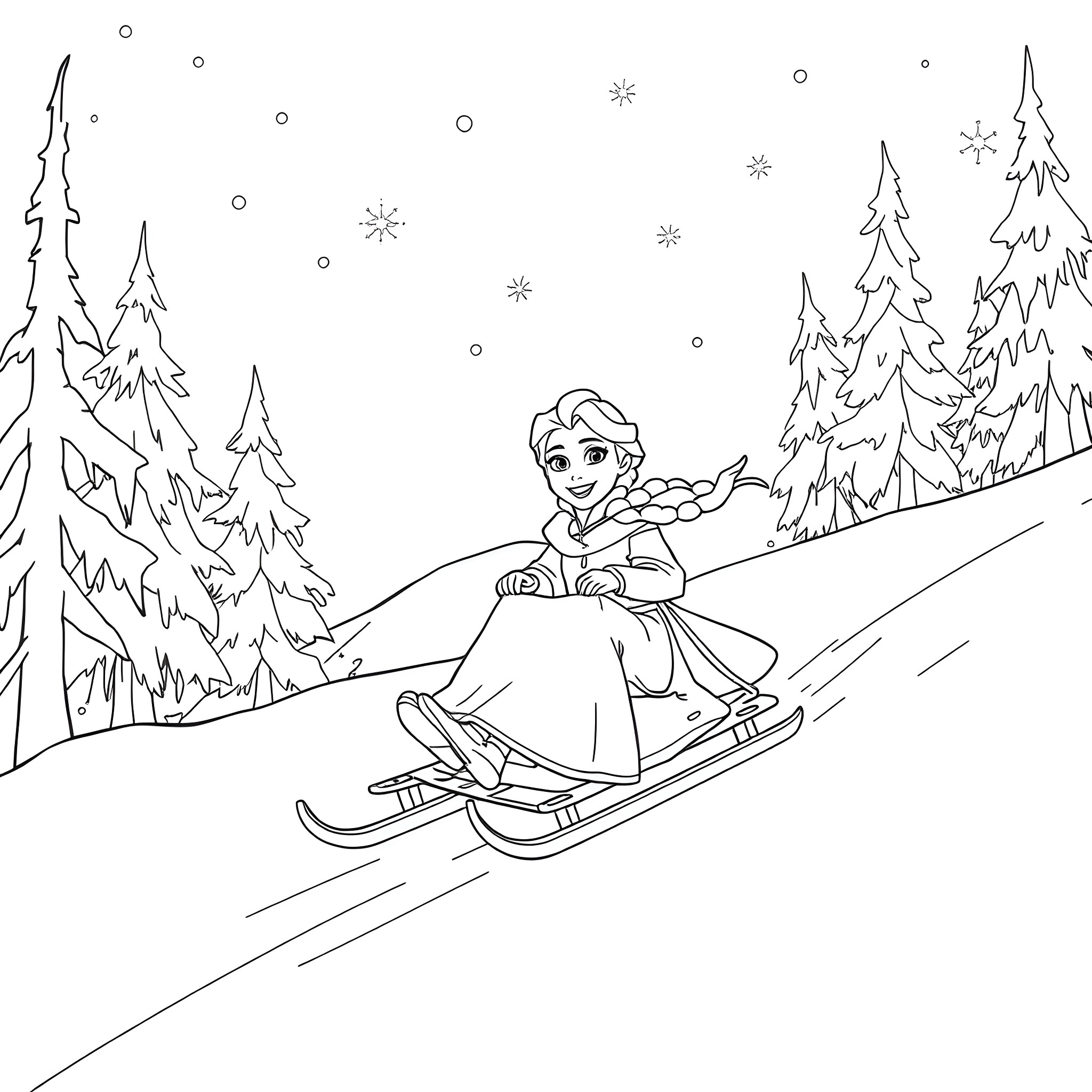 Elsa sledding through the snowy forest Coloring Page (free black-and-white line drawing printable PDF for all, from beginners to advanced learners, including children, teens, adults, and seniors)