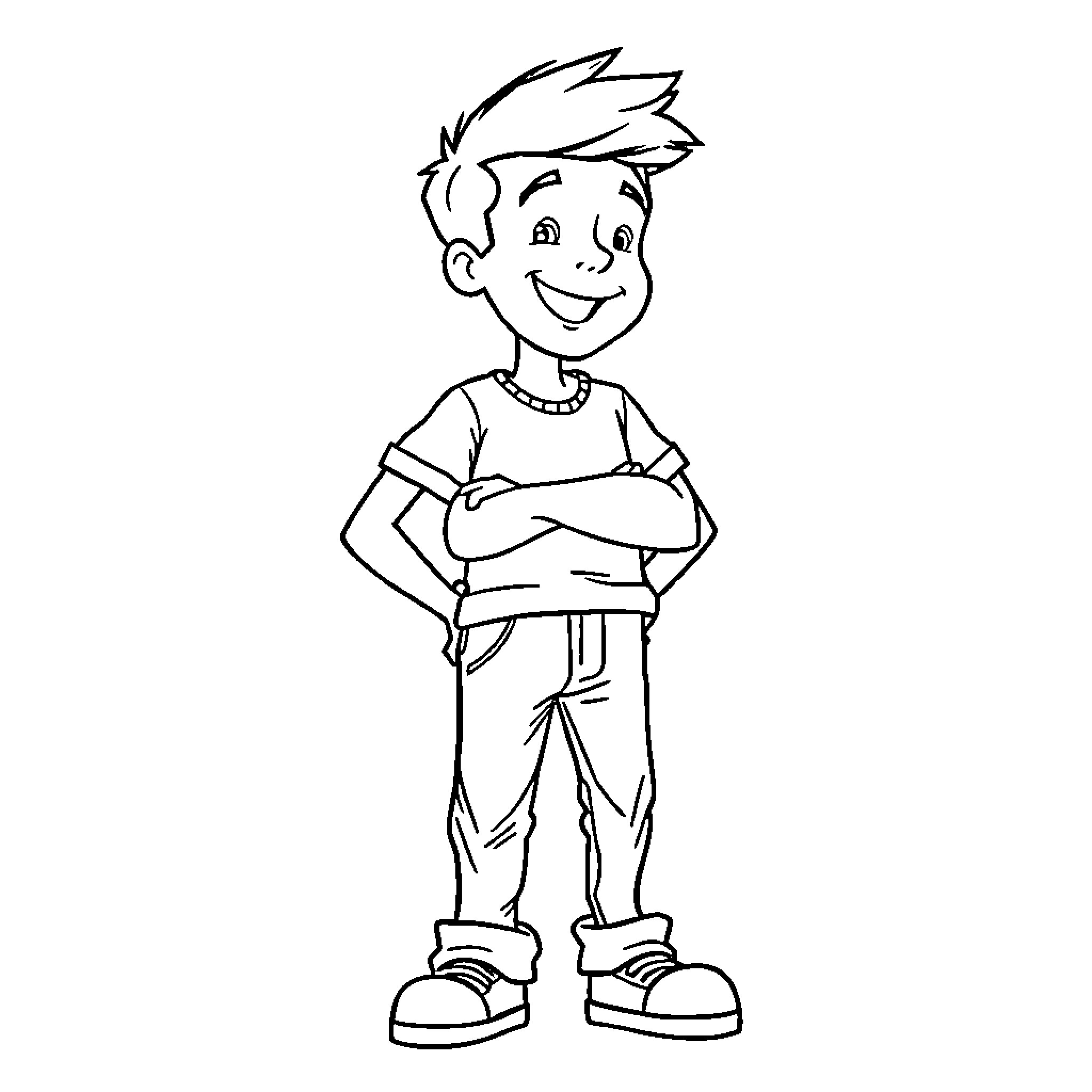Carson standing proudly with arms crossed Coloring Page (free black-and-white line drawing printable PDF for all, from beginners to advanced learners, including children, teens, adults, and seniors)