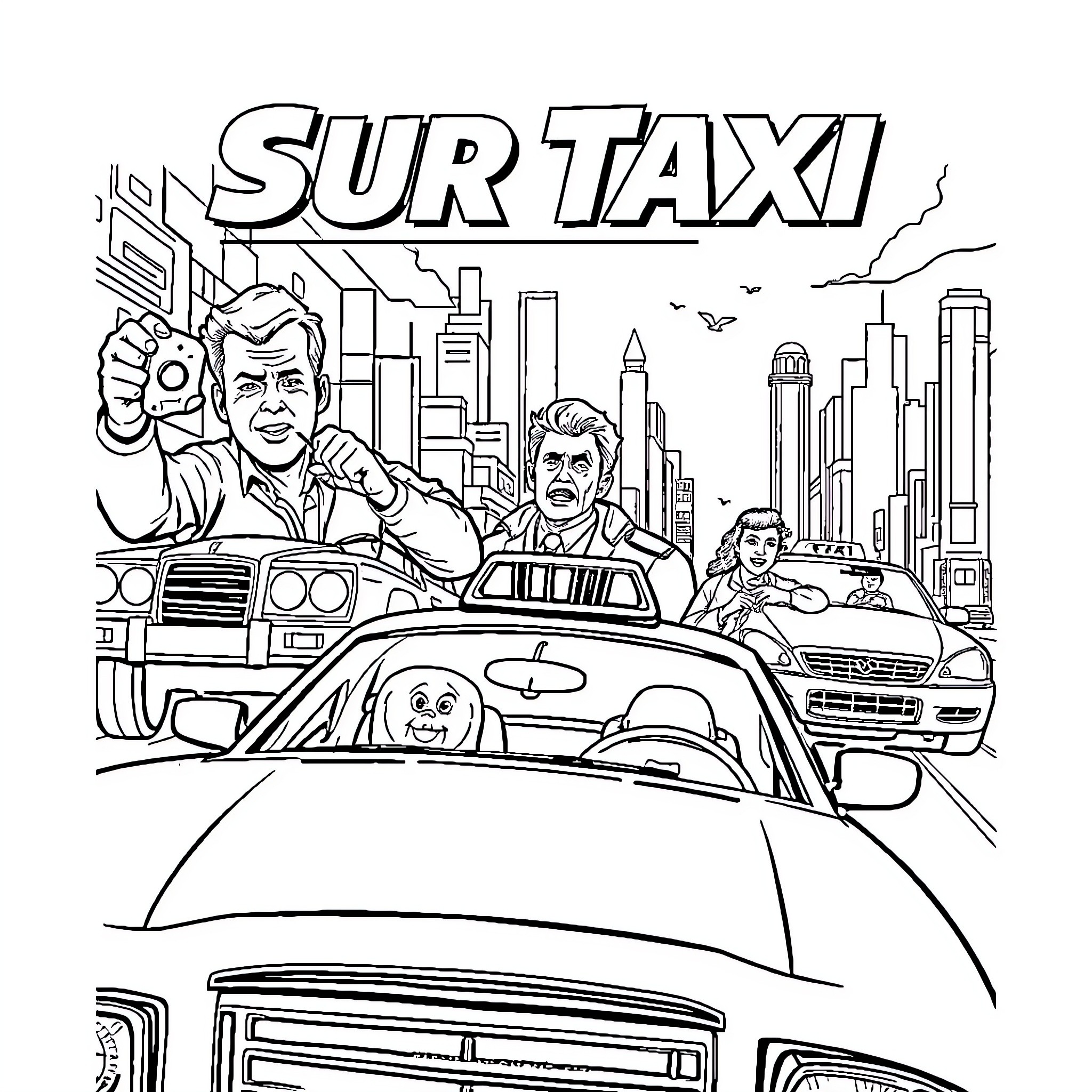 Taxi ride through the bustling city Coloring Page (free black-and-white line drawing printable PDF for all, from beginners to advanced learners, including children, teens, adults, and seniors)