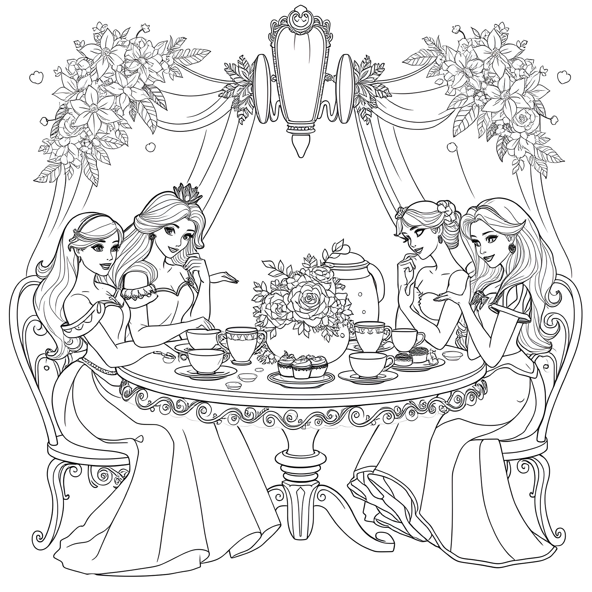 Disney Princess Tea Party with Elegant Decorations Coloring Page (free black-and-white line drawing printable PDF for all, from beginners to advanced learners, including children, teens, adults, and seniors)