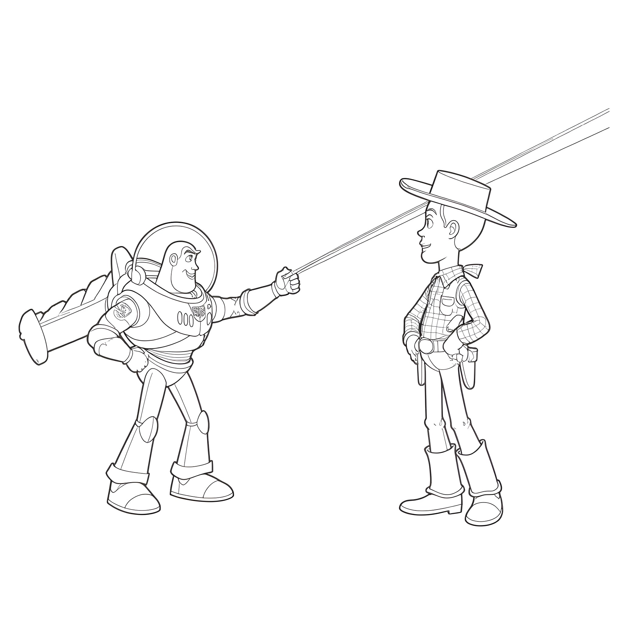 Buzz Lightyear and Woody in a stand-off Coloring Page (free black-and-white line drawing printable PDF for all, from beginners to advanced learners, including children, teens, adults, and seniors)