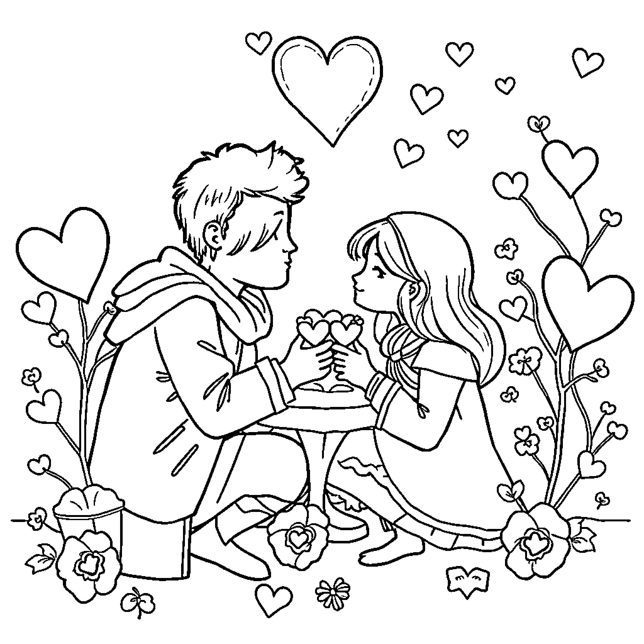 Valentine's Day Romantic Scene with Flowers and Hearts Coloring Page (free black-and-white line drawing printable PDF for all, from beginners to advanced learners, including children, teens, adults, and seniors)