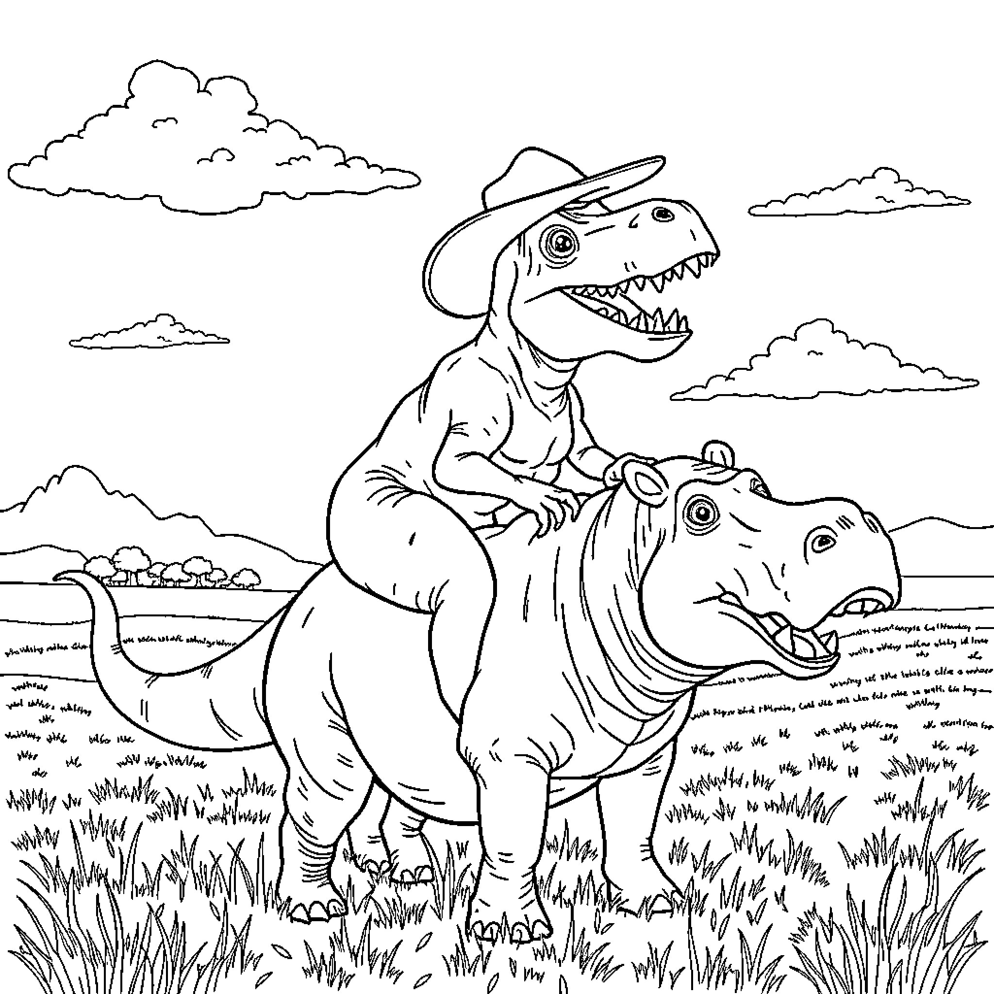 T-Rex Cowboy Riding Hippopotamus in the Wild Coloring Page (free black-and-white line drawing printable PDF for all, from beginners to advanced learners, including children, teens, adults, and seniors)
