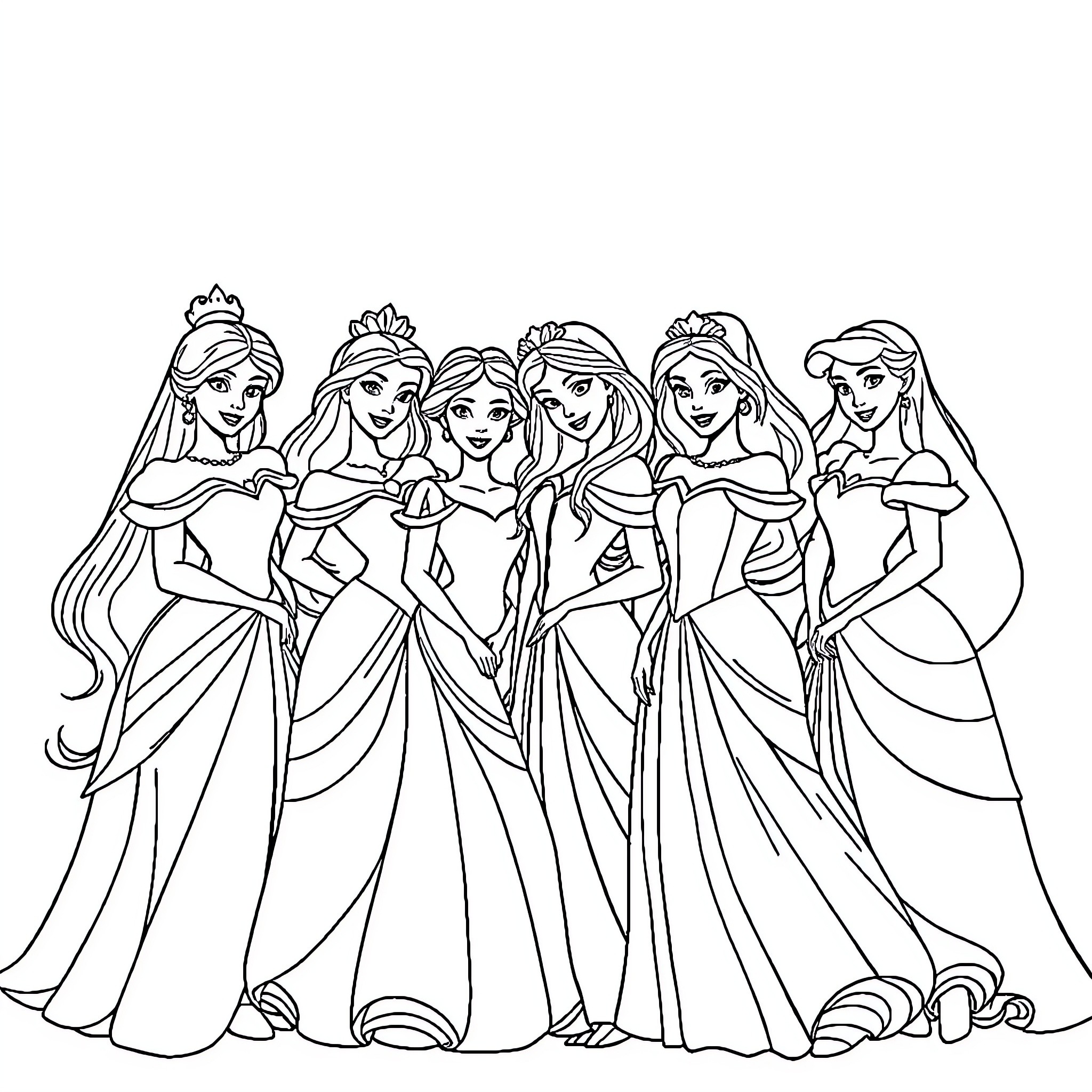 Disney Princesses in Elegant Gowns Coloring Page (free black-and-white line drawing printable PDF for all, from beginners to advanced learners, including children, teens, adults, and seniors)