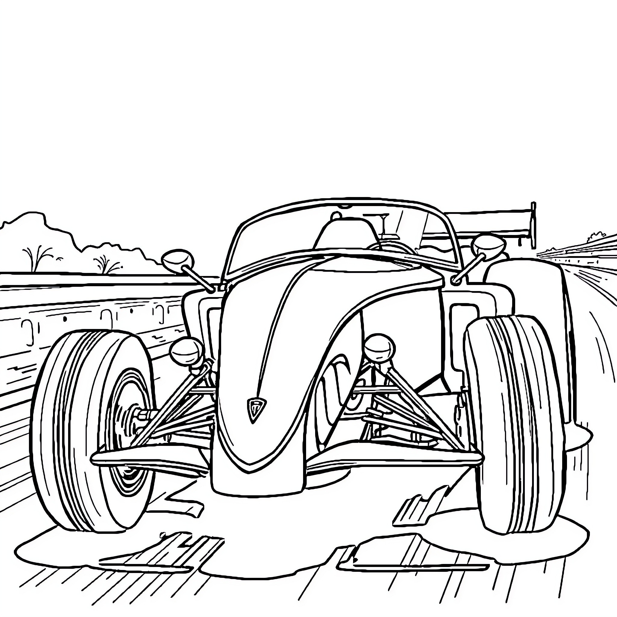 Formula 1 Car speeding on the track Coloring Page (free black-and-white line drawing printable PDF for all, from beginners to advanced learners, including children, teens, adults, and seniors)
