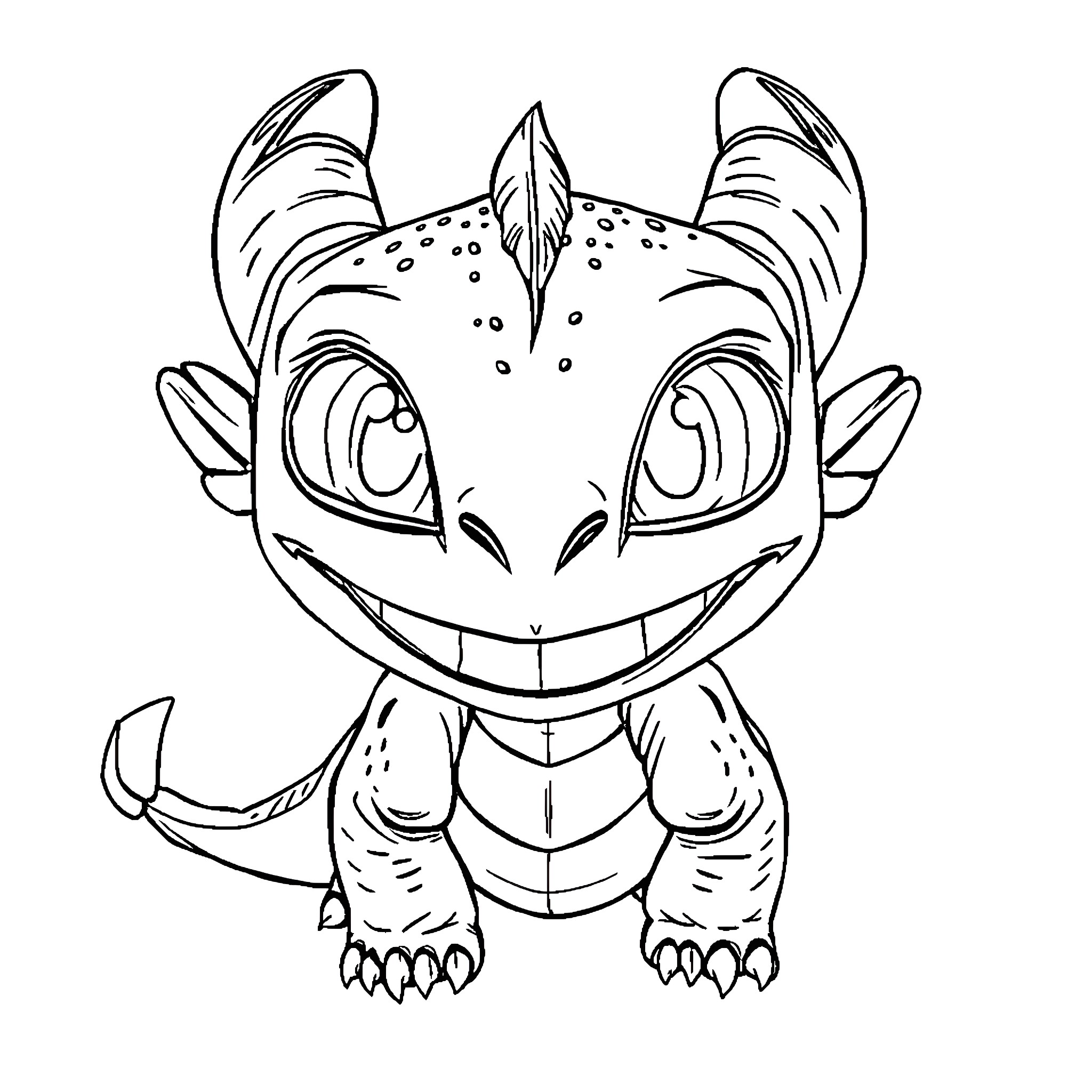 Toothless dragon creature smiling mischievously Coloring Page (free black-and-white line drawing printable PDF for all, from beginners to advanced learners, including children, teens, adults, and seniors)