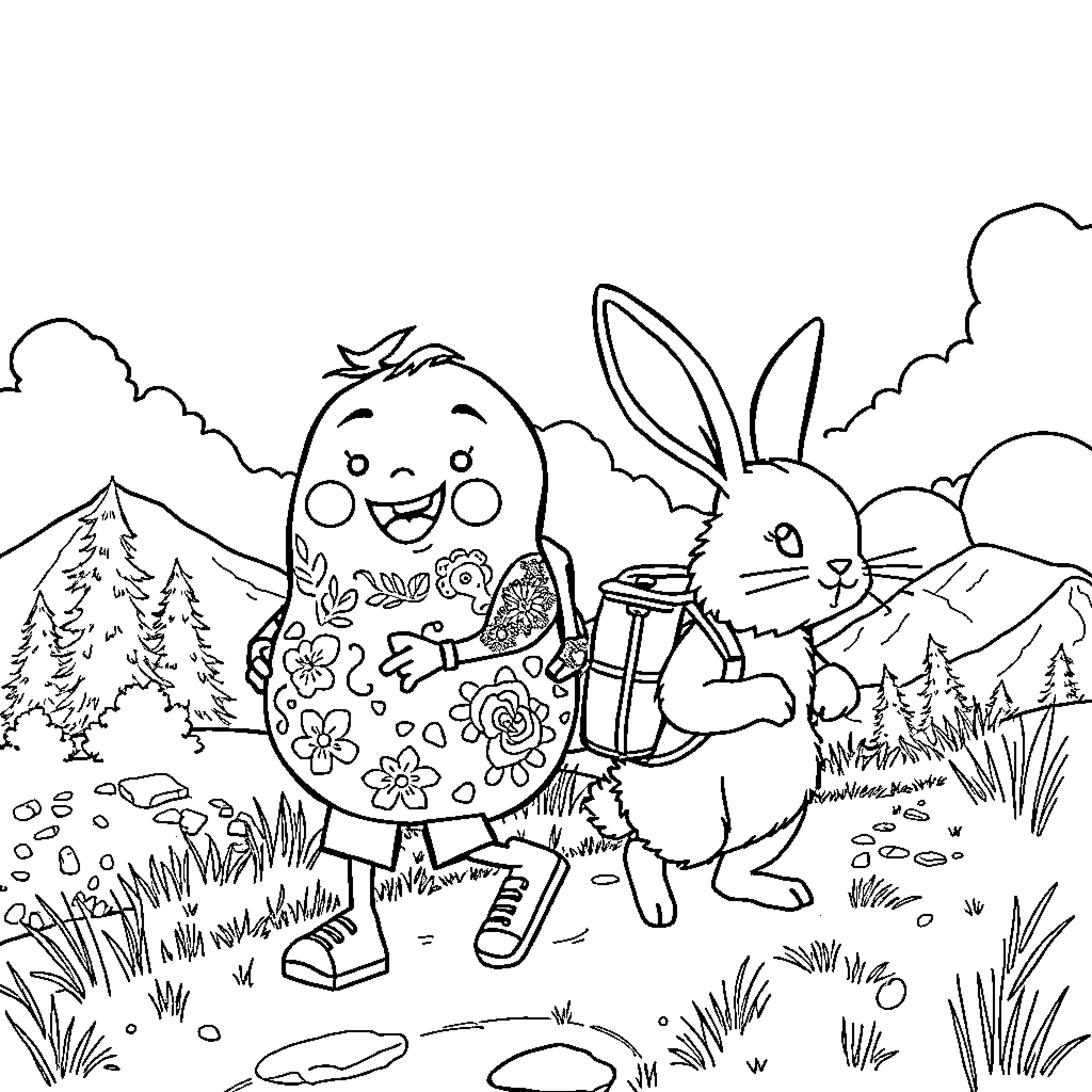 Boy Potato Embraces Rabbit in Lush Outdoor Scene Coloring Page (free black-and-white line drawing printable PDF for all, from beginners to advanced learners, including children, teens, adults, and seniors)