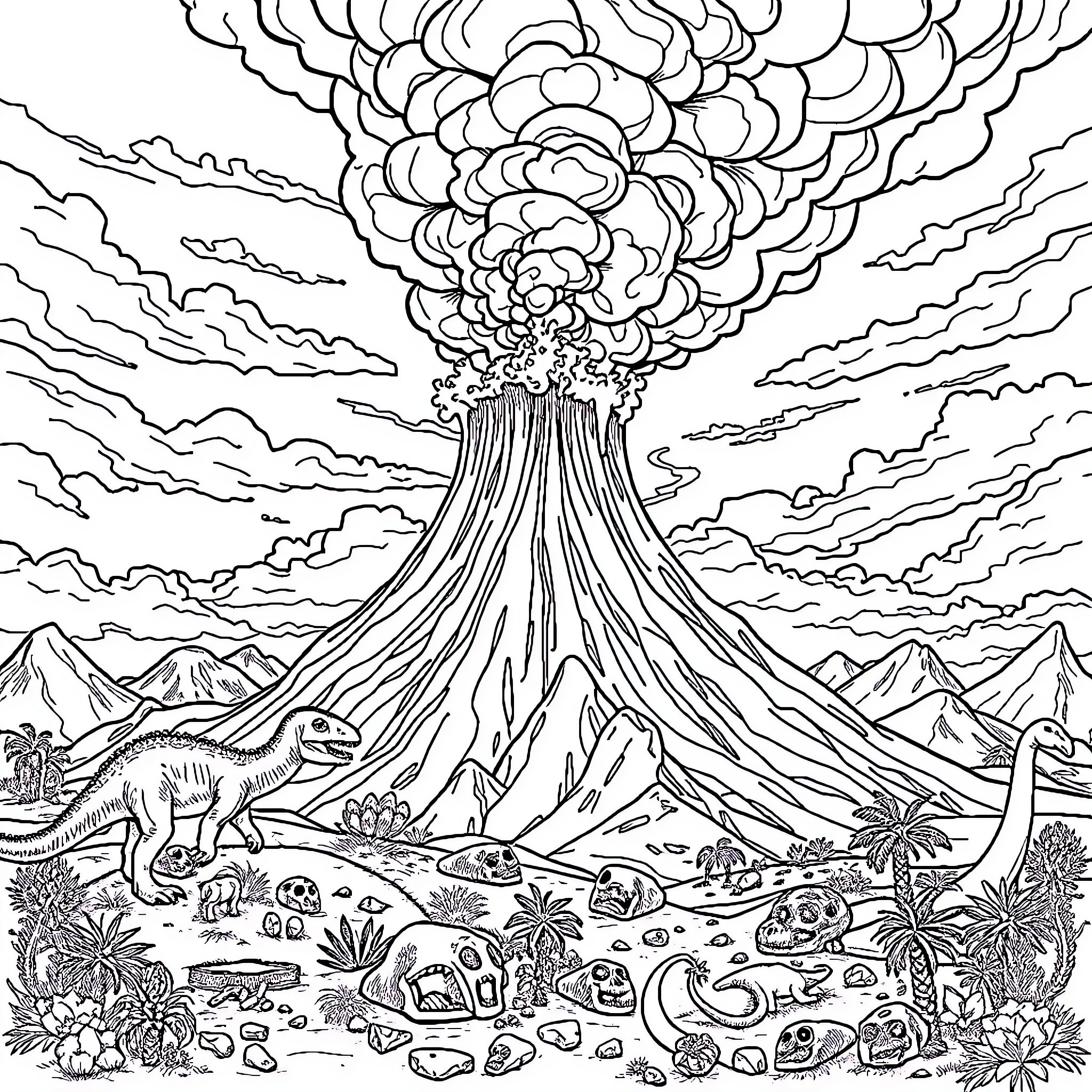 Volcano erupting with dinosaurs in prehistoric landscape Coloring Page (free black-and-white line drawing printable PDF for all, from beginners to advanced learners, including children, teens, adults, and seniors)