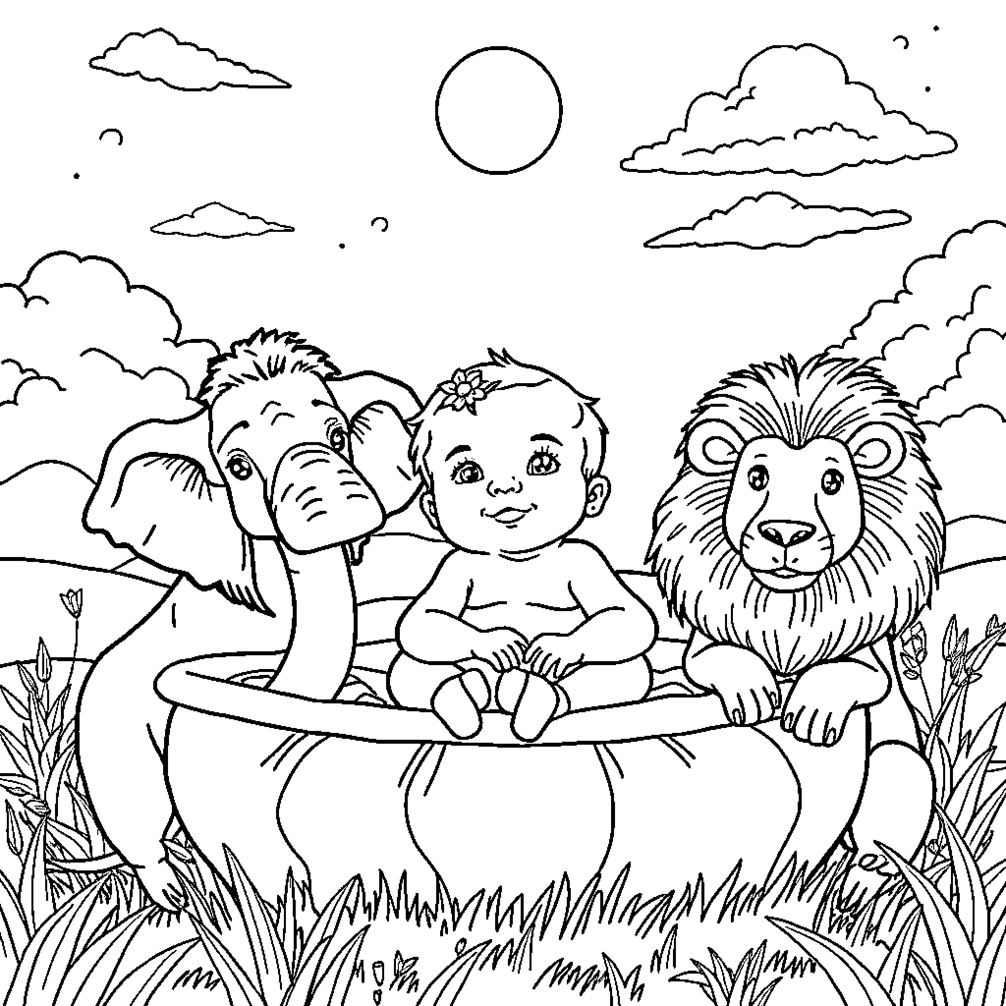 Niño playing with animal friends in nature Coloring Page (free black-and-white line drawing printable PDF for all, from beginners to advanced learners, including children, teens, adults, and seniors)