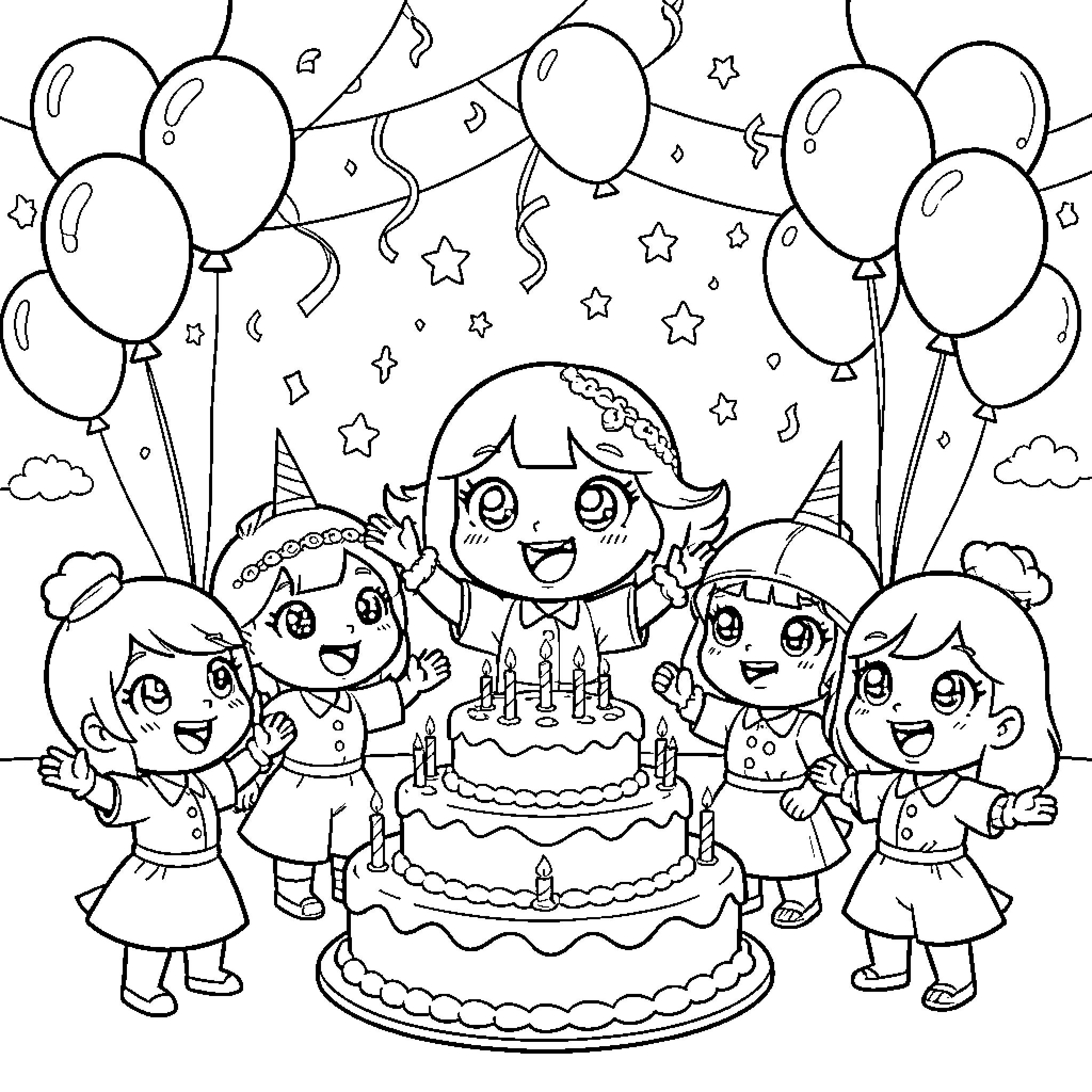 Pucca's Birthday Celebration with Friends Coloring Page (free black-and-white line drawing printable PDF for all, from beginners to advanced learners, including children, teens, adults, and seniors)