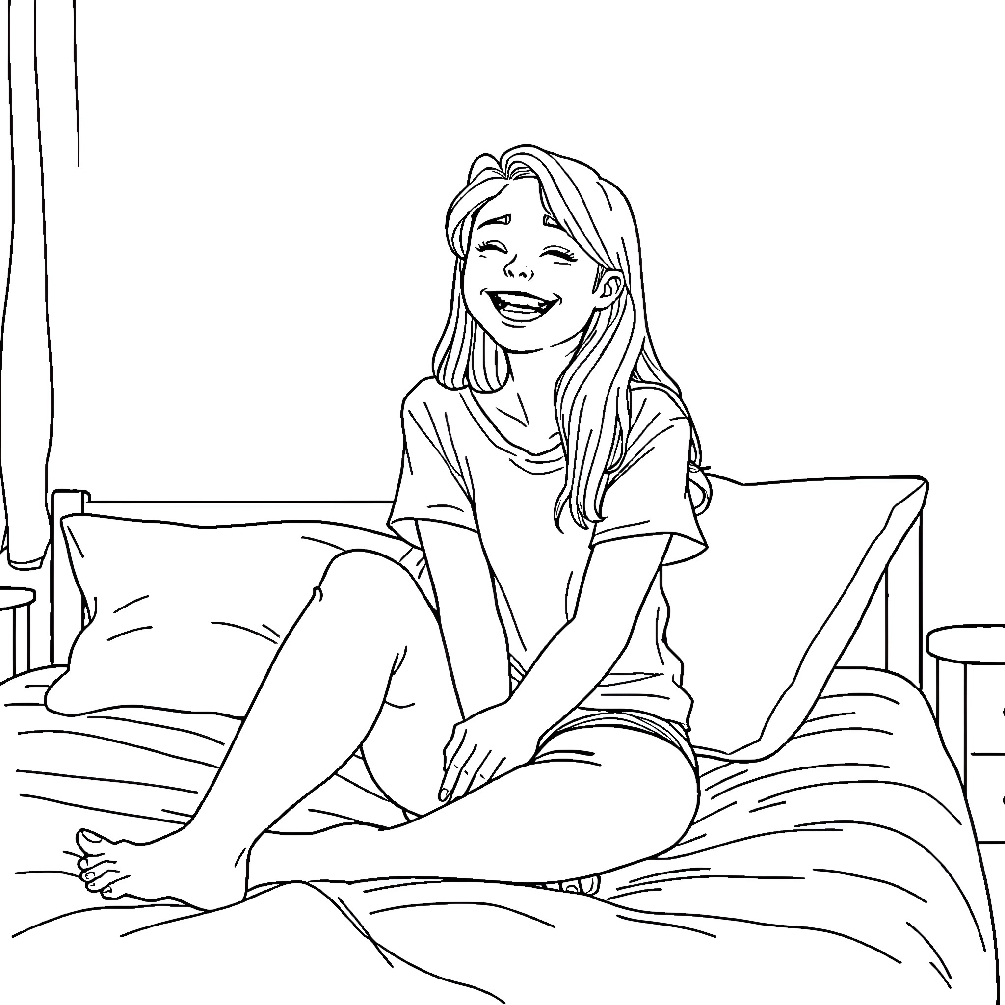 Teen girl smiling and relaxing on bed Coloring Page (free black-and-white line drawing printable PDF for all, from beginners to advanced learners, including children, teens, adults, and seniors)
