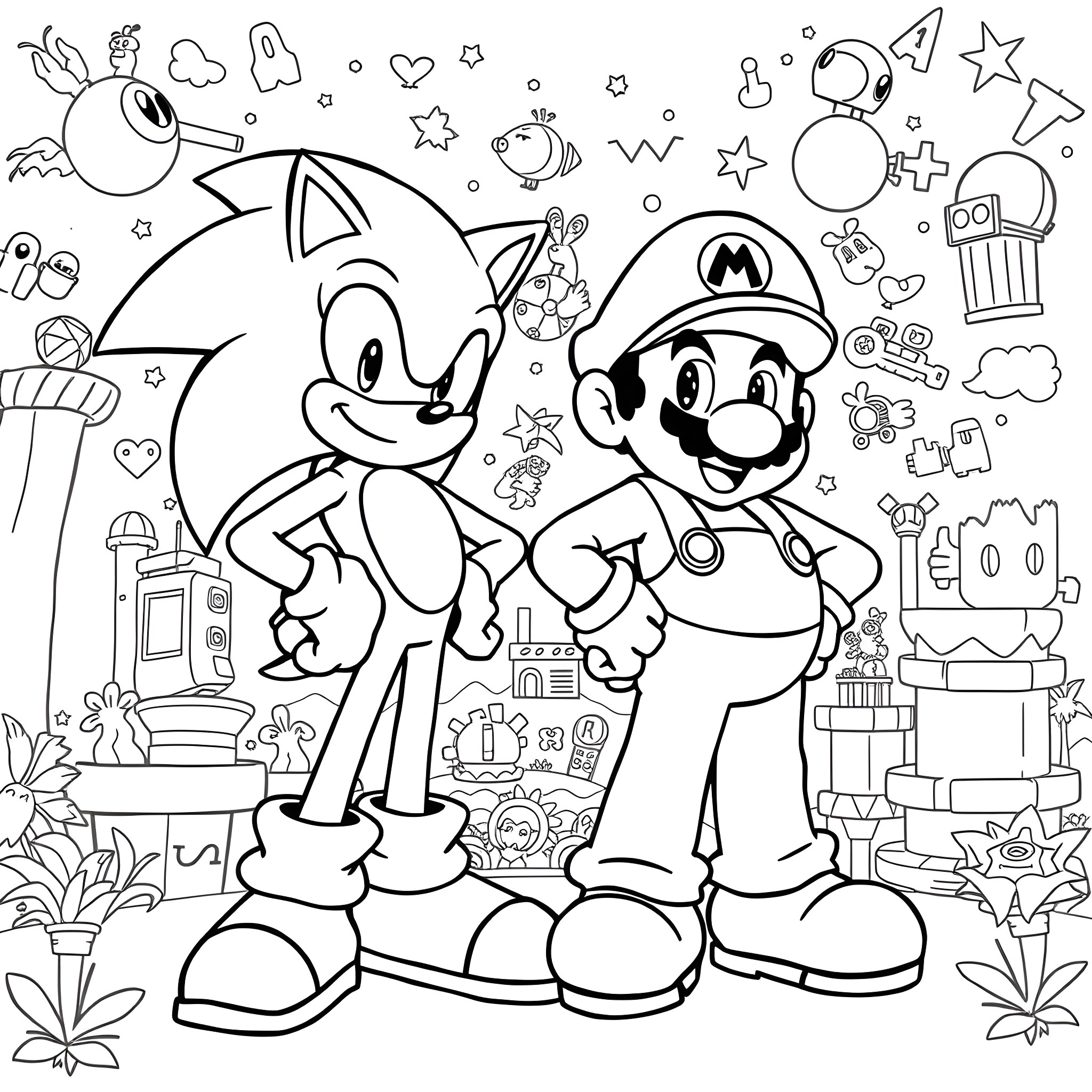 Sonic and Mario's Adventurous Encounter Coloring Page (free black-and-white line drawing printable PDF for all, from beginners to advanced learners, including children, teens, adults, and seniors)