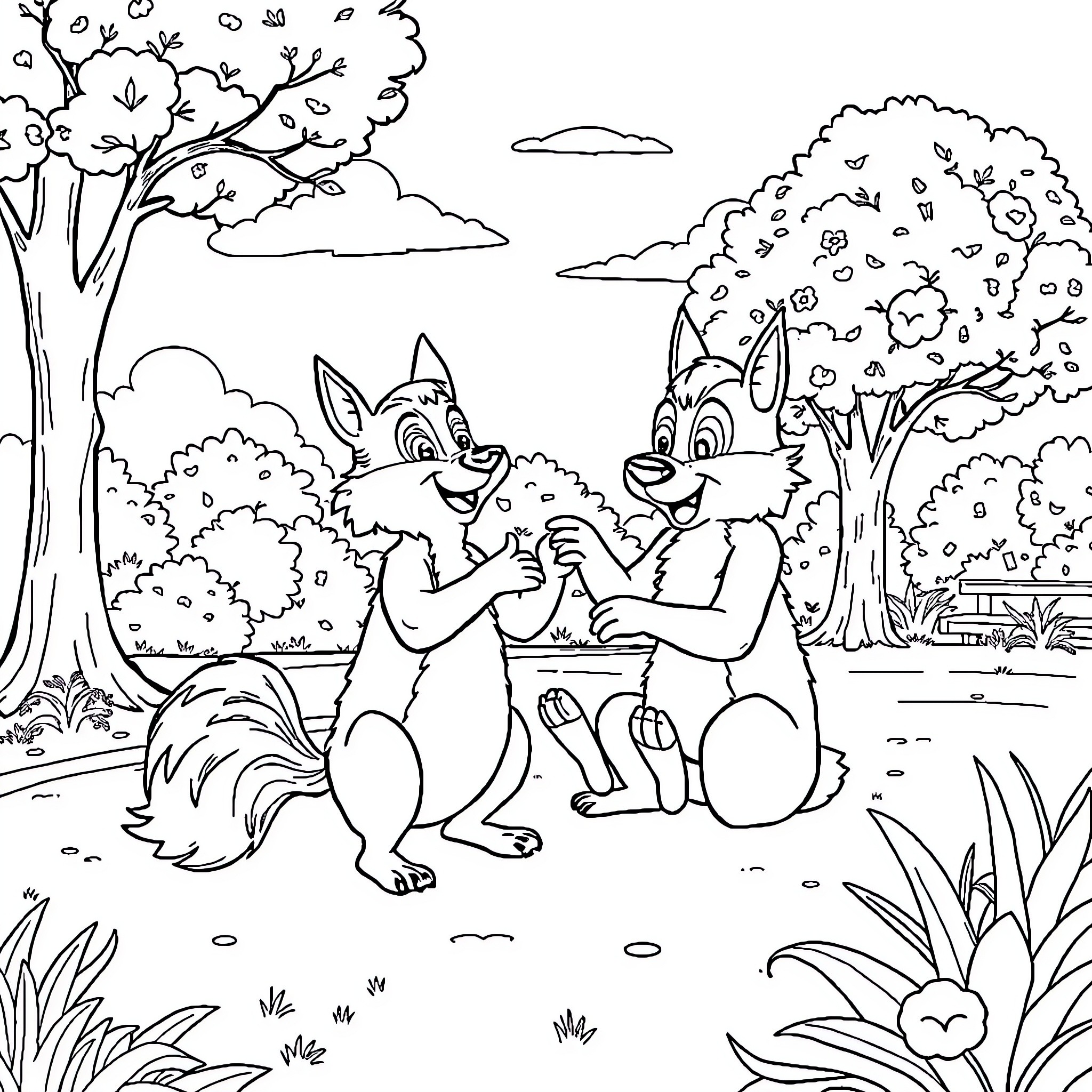 Wolf friends playing happily in the forest Coloring Page (free black-and-white line drawing printable PDF for all, from beginners to advanced learners, including children, teens, adults, and seniors)