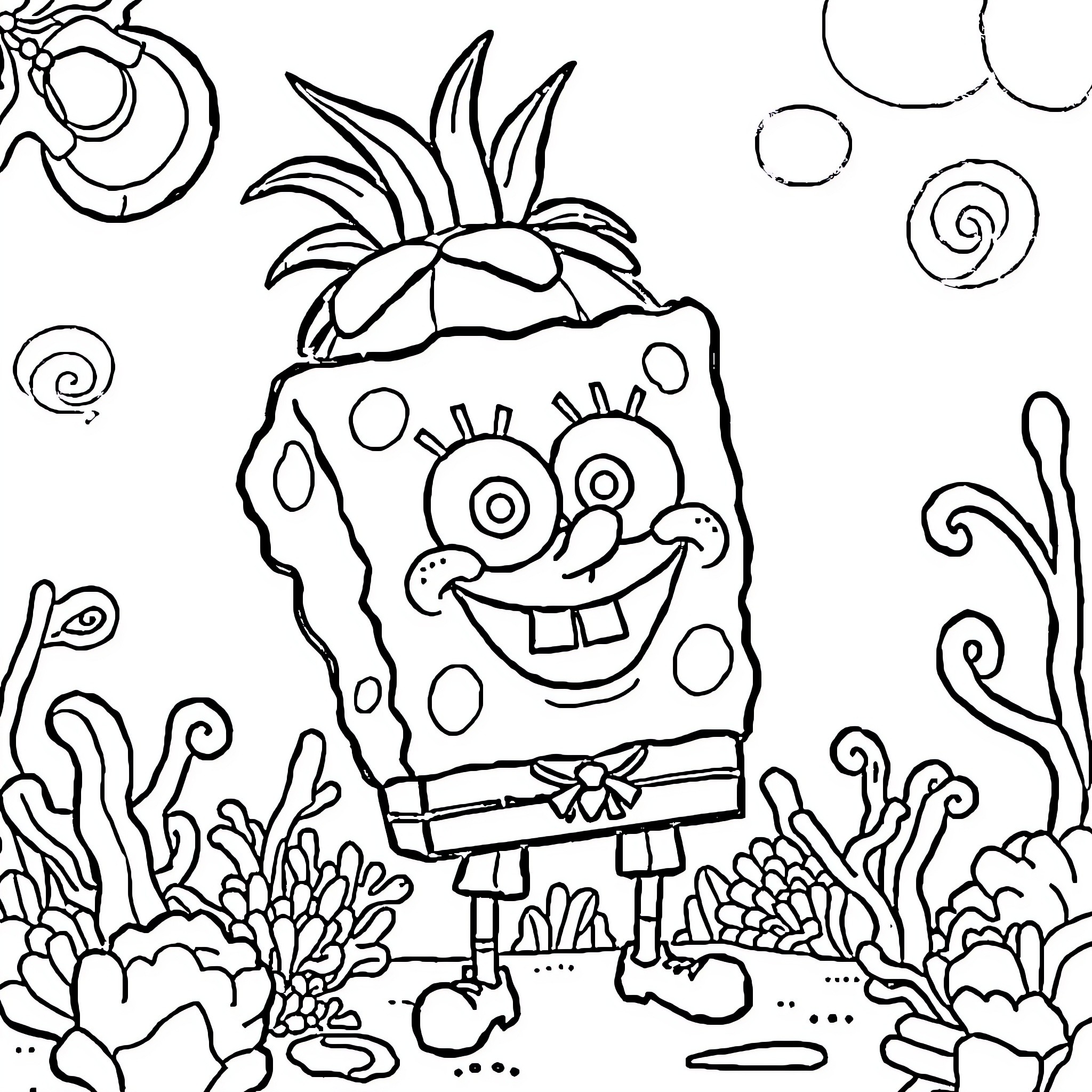 SpongeBob SquarePants in a Cheerful Underwater Scene Coloring Page (free black-and-white line drawing printable PDF for all, from beginners to advanced learners, including children, teens, adults, and seniors)