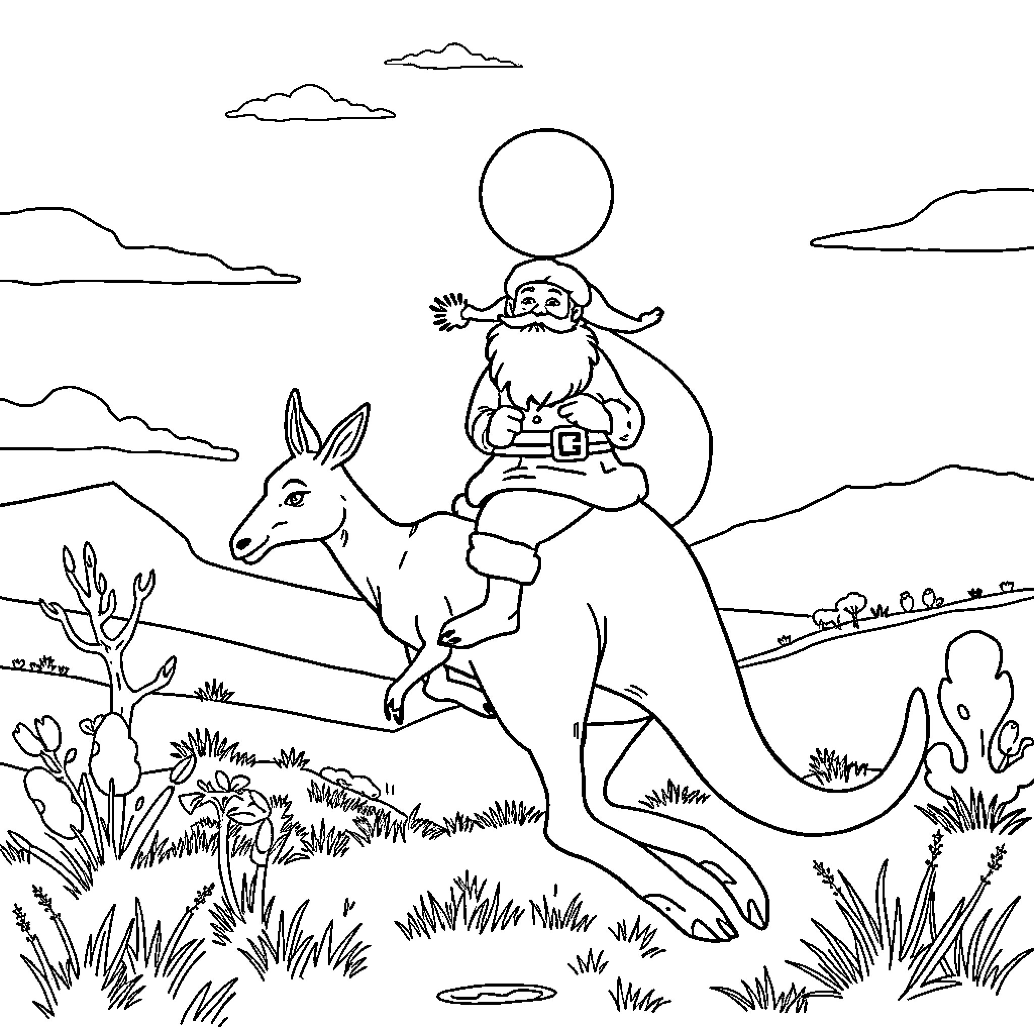 Santa riding a kangaroo in the desert Coloring Page (free black-and-white line drawing printable PDF for all, from beginners to advanced learners, including children, teens, adults, and seniors)