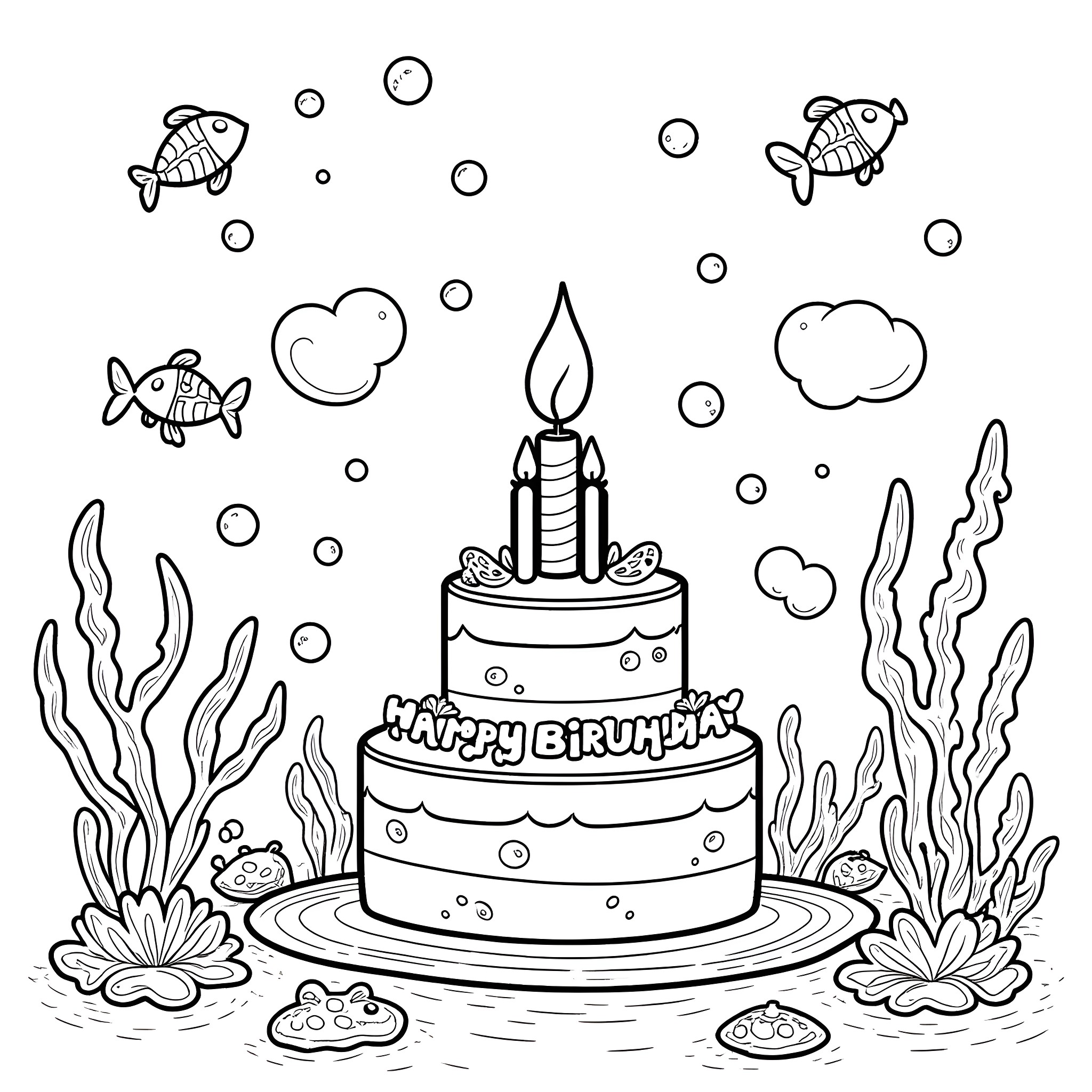 Under the Sea Birthday Celebration Coloring Page (free black-and-white line drawing printable PDF for all, from beginners to advanced learners, including children, teens, adults, and seniors)