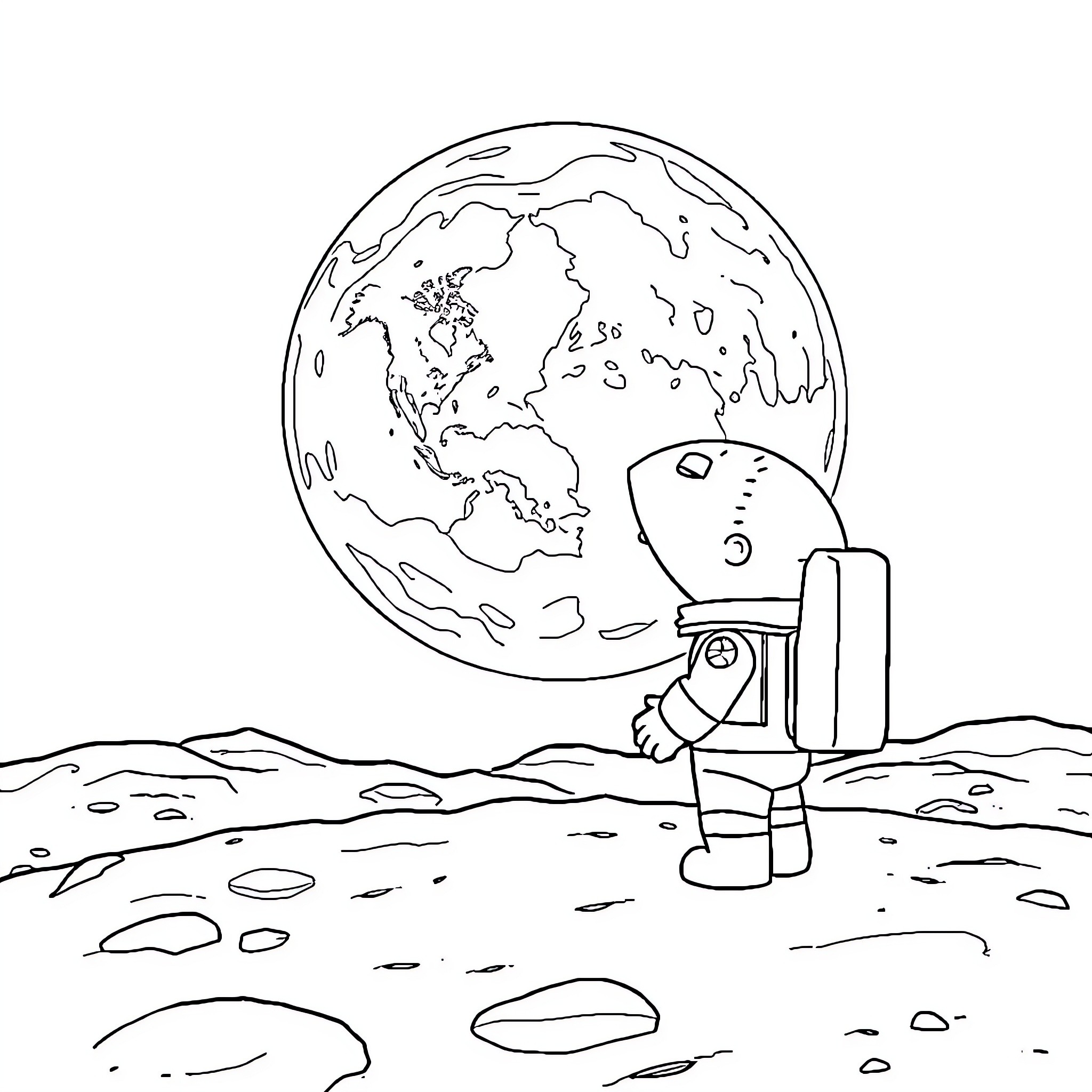 Stewie Griffin exploring the lunar landscape Coloring Page (free black-and-white line drawing printable PDF for all, from beginners to advanced learners, including children, teens, adults, and seniors)