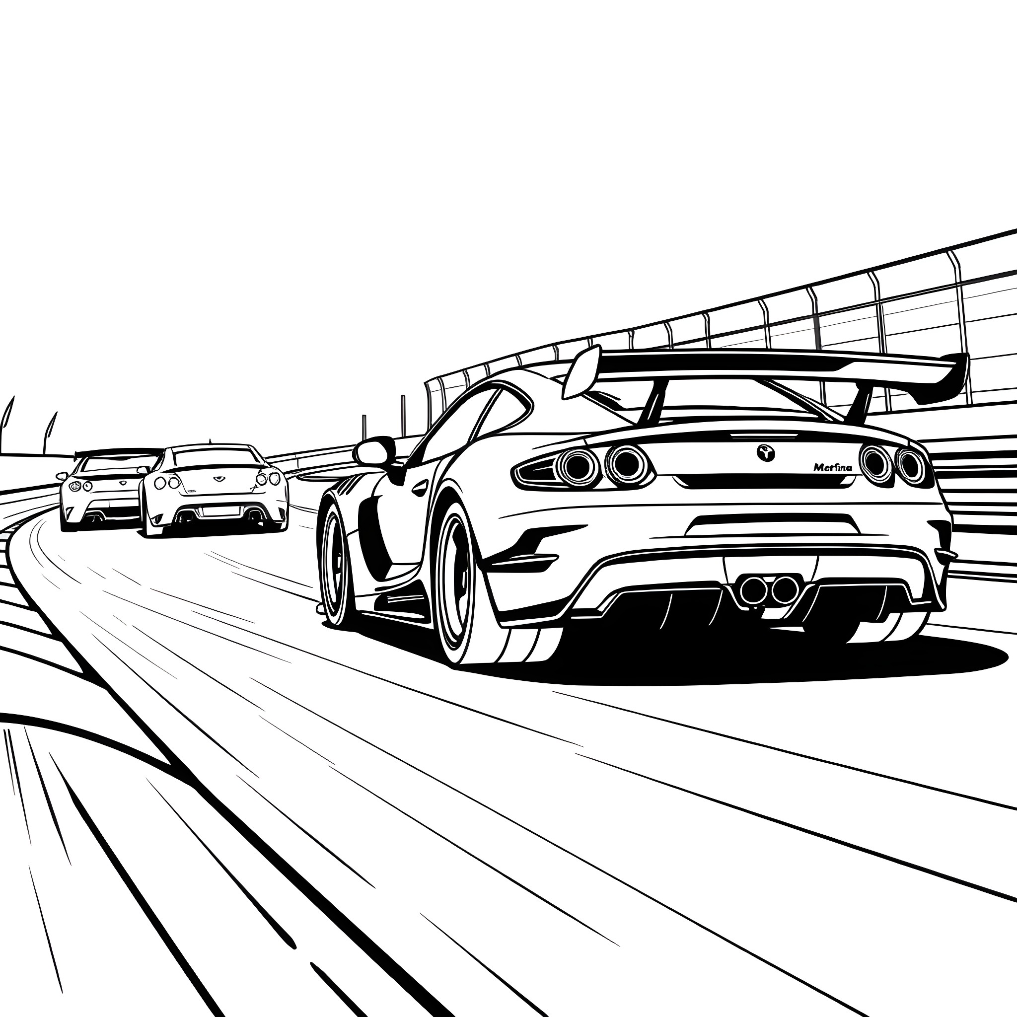 Cars racing on a high-speed track Coloring Page (free black-and-white line drawing printable PDF for all, from beginners to advanced learners, including children, teens, adults, and seniors)