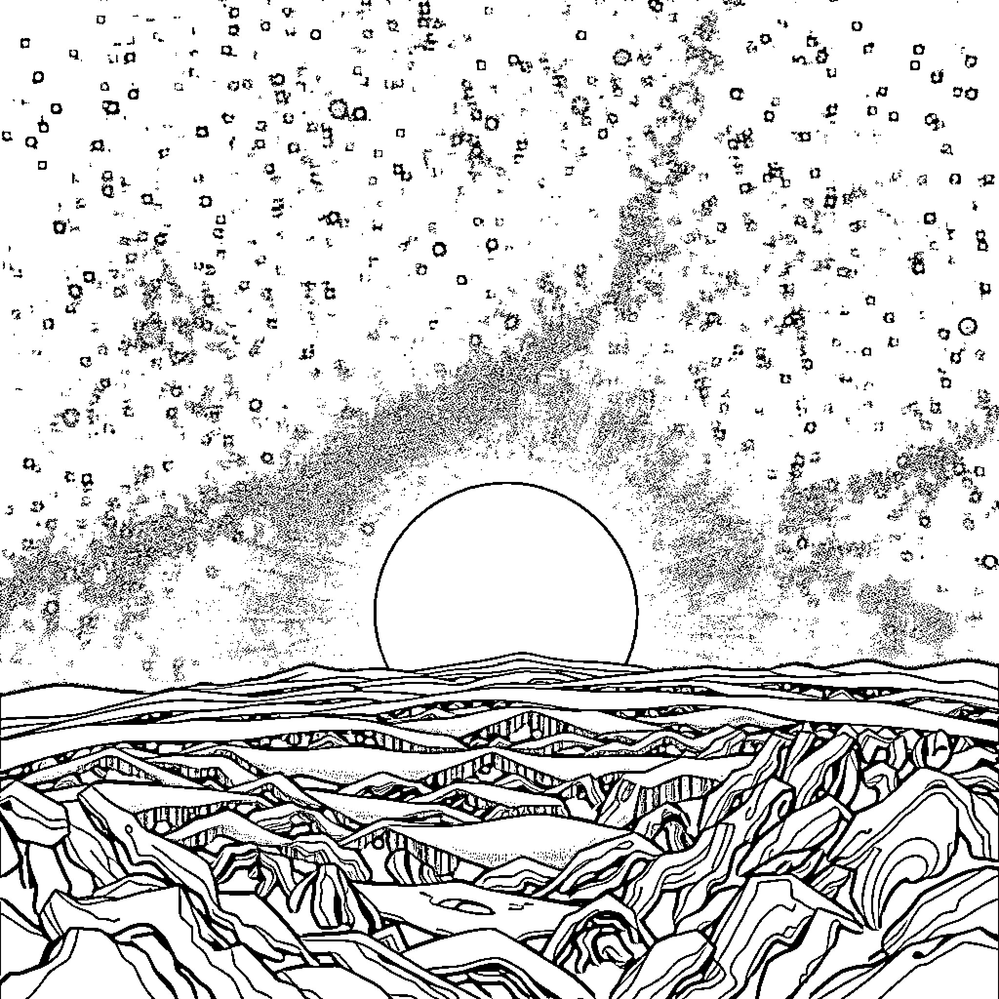 Sunset over the rugged landscape Coloring Page (free black-and-white line drawing printable PDF for all, from beginners to advanced learners, including children, teens, adults, and seniors)