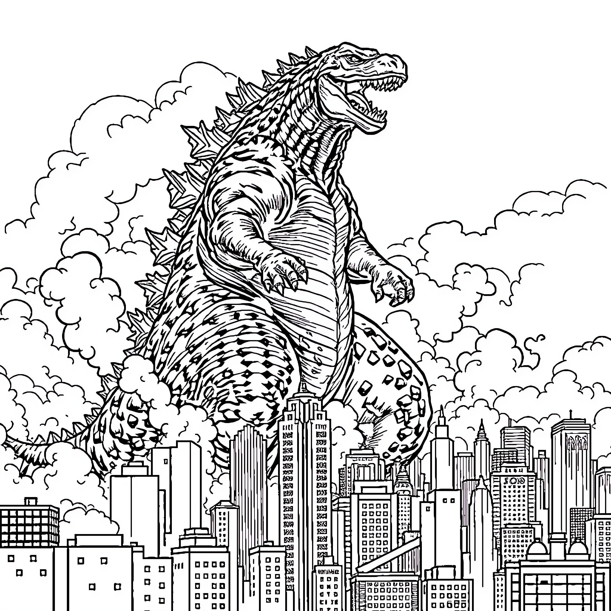 Godzilla rampaging through the city skyline Coloring Page (free black-and-white line drawing printable PDF for all, from beginners to advanced learners, including children, teens, adults, and seniors)
