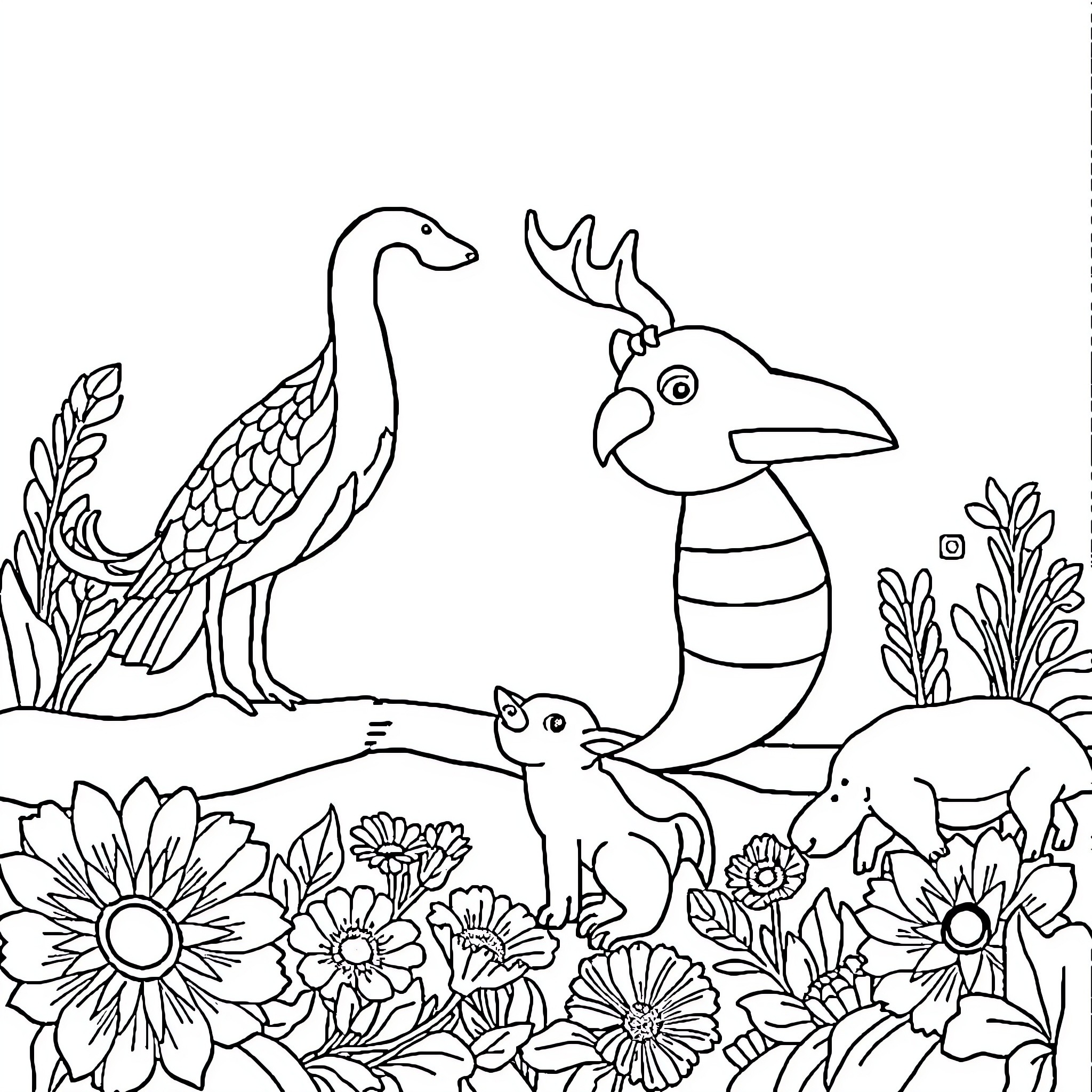 Animal Friends in a Floral Field Coloring Page (free black-and-white line drawing printable PDF for all, from beginners to advanced learners, including children, teens, adults, and seniors)