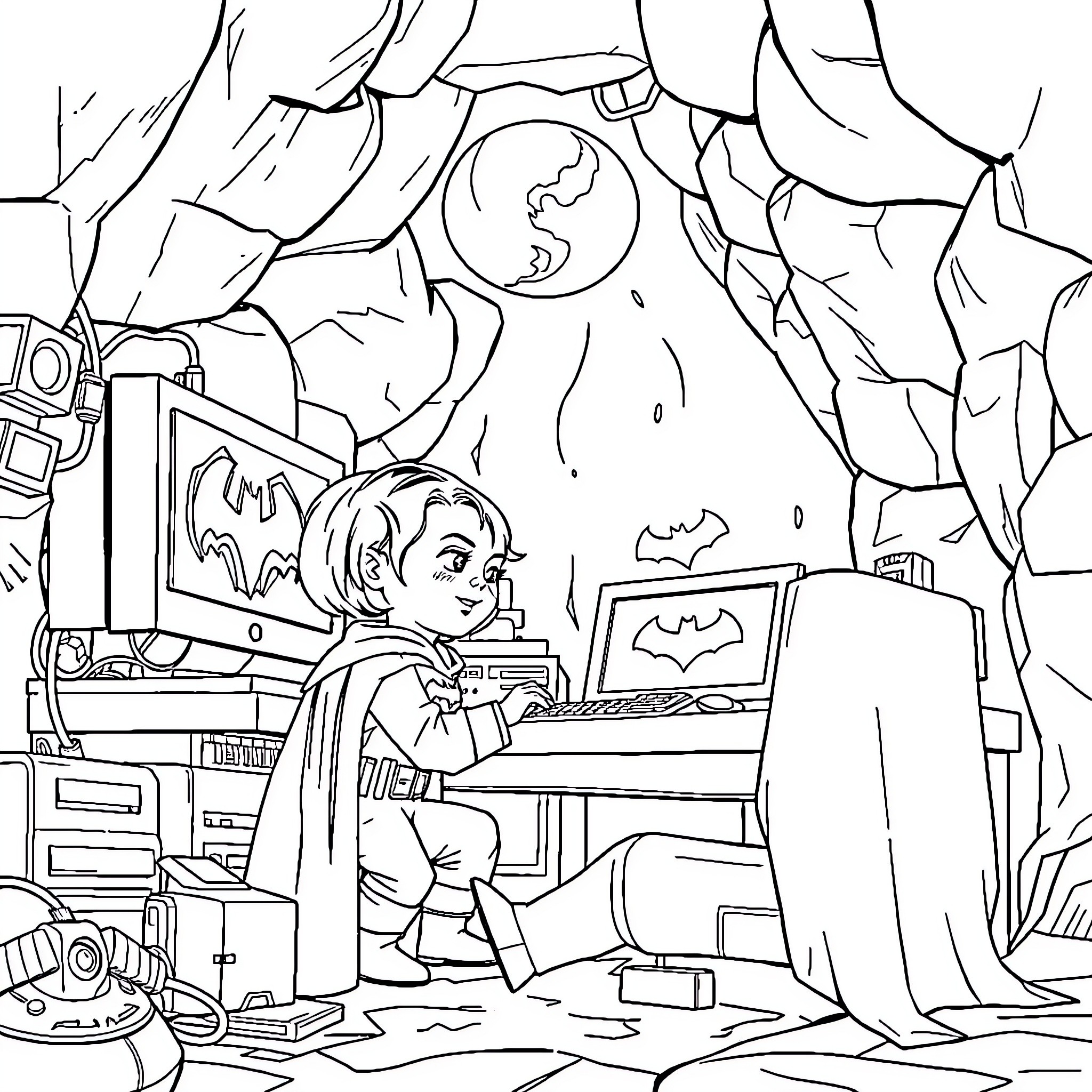 Toddler playing with technology in an imaginative space Coloring Page (free black-and-white line drawing printable PDF for all, from beginners to advanced learners, including children, teens, adults, and seniors)