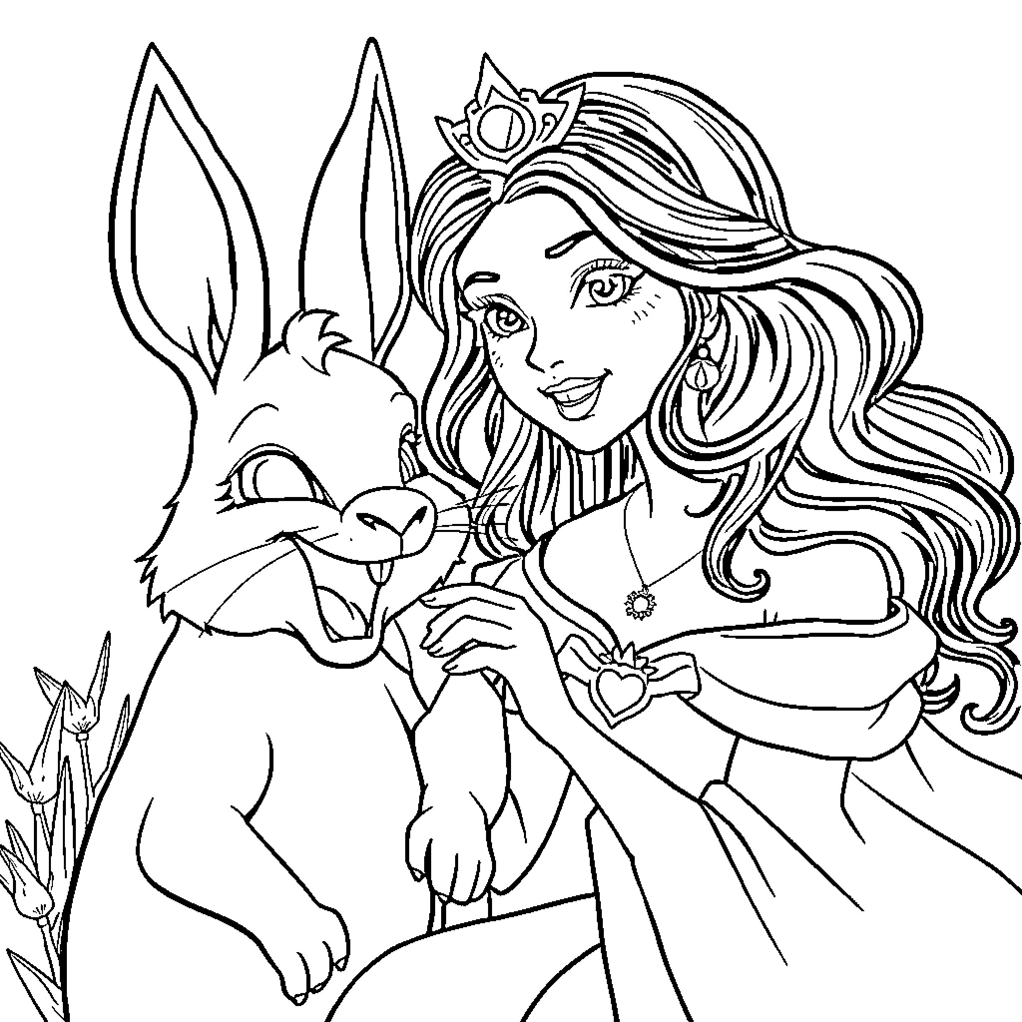 Princess with her Companion Animal Coloring Page (free black-and-white line drawing printable PDF for all, from beginners to advanced learners, including children, teens, adults, and seniors)