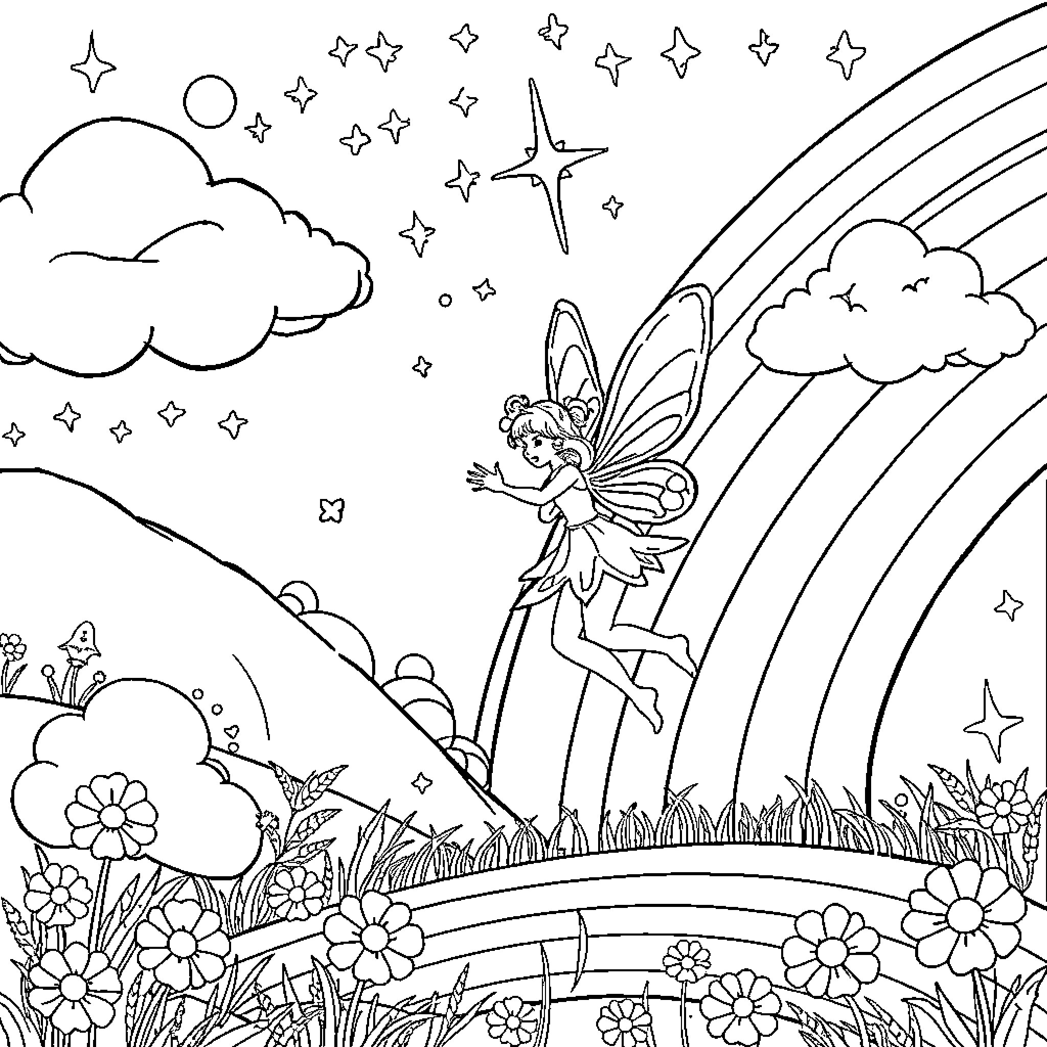 Fairy enjoying nature's beauty in the enchanted meadow Coloring Page (free black-and-white line drawing printable PDF for all, from beginners to advanced learners, including children, teens, adults, and seniors)