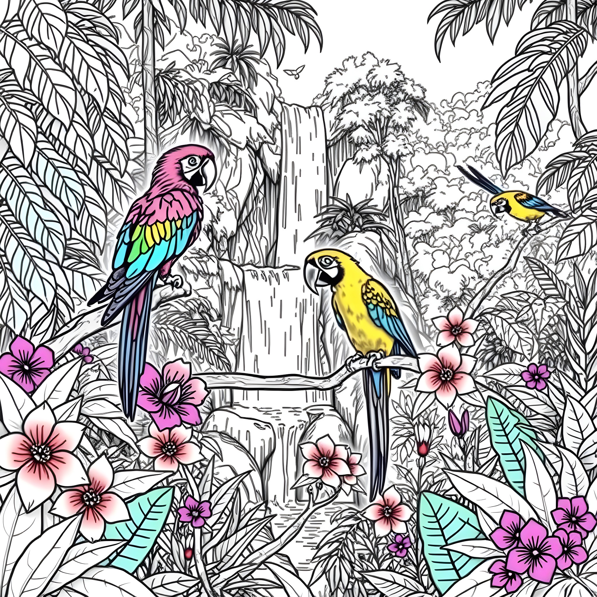 Parrot's Tropical Paradise: Colorful Birds Amid Lush Foliage Coloring Page (free black-and-white line drawing printable PDF for all, from beginners to advanced learners, including children, teens, adults, and seniors)