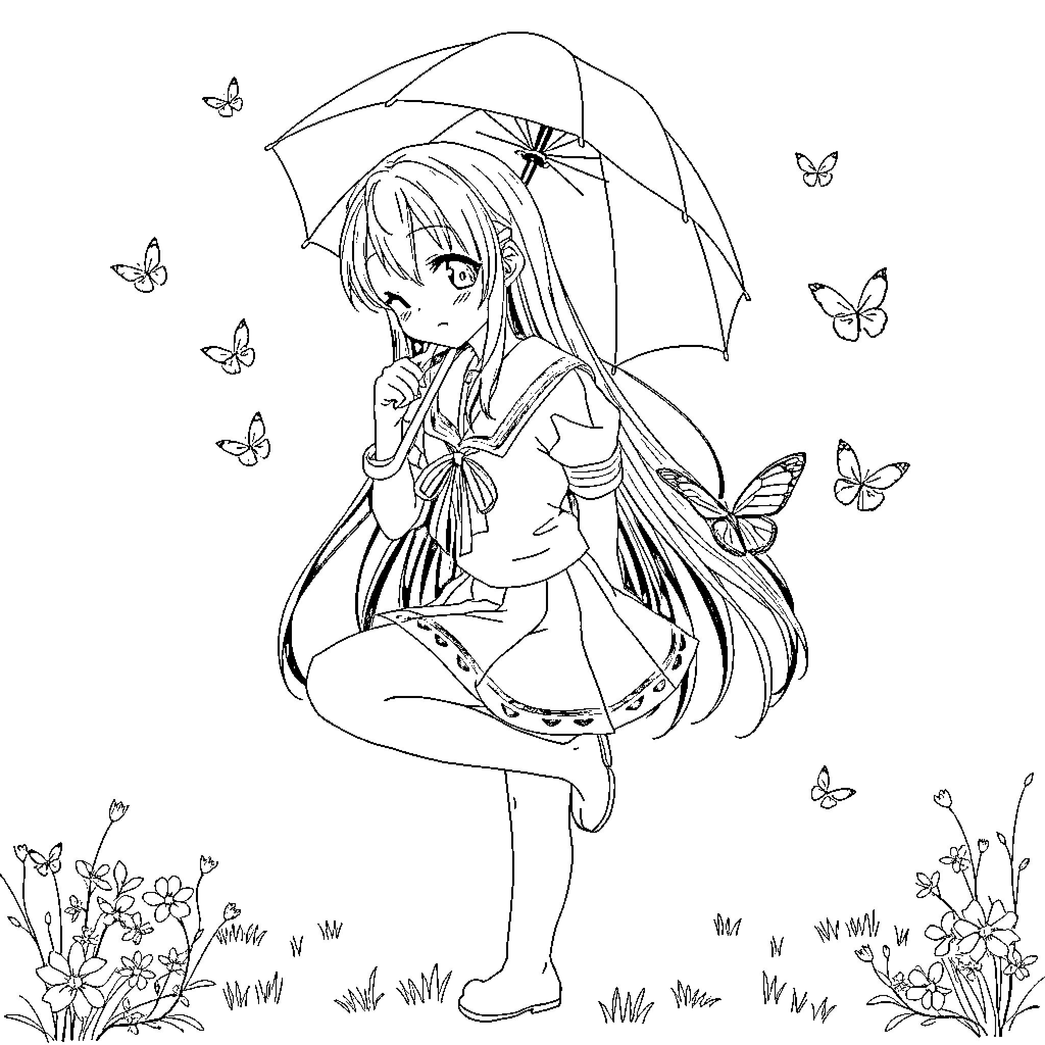 School Girl Under Umbrella Surrounded by Butterflies Coloring Page (free black-and-white line drawing printable PDF for all, from beginners to advanced learners, including children, teens, adults, and seniors)