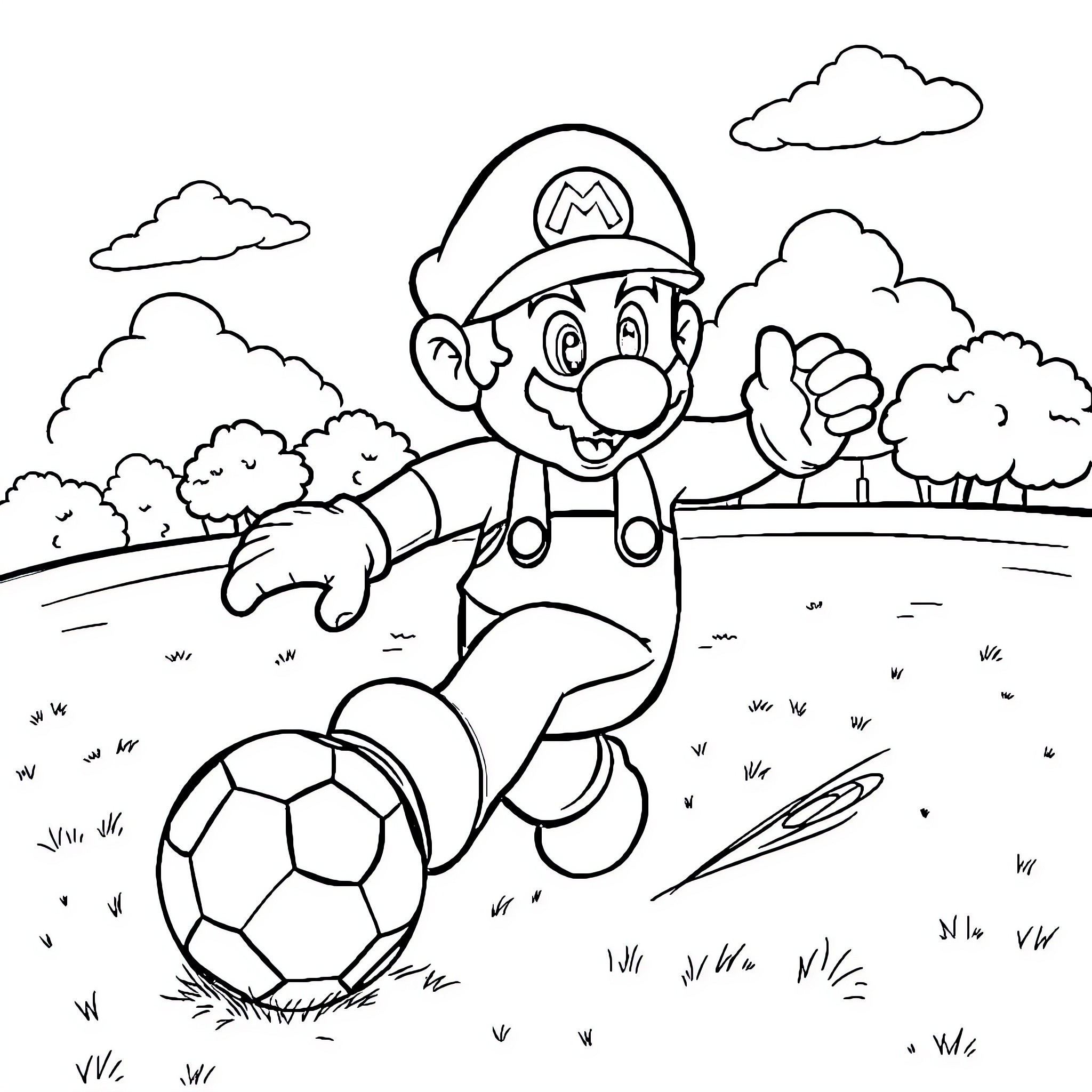 Mario Playing Soccer in the Park Coloring Page (free black-and-white line drawing printable PDF for all, from beginners to advanced learners, including children, teens, adults, and seniors)