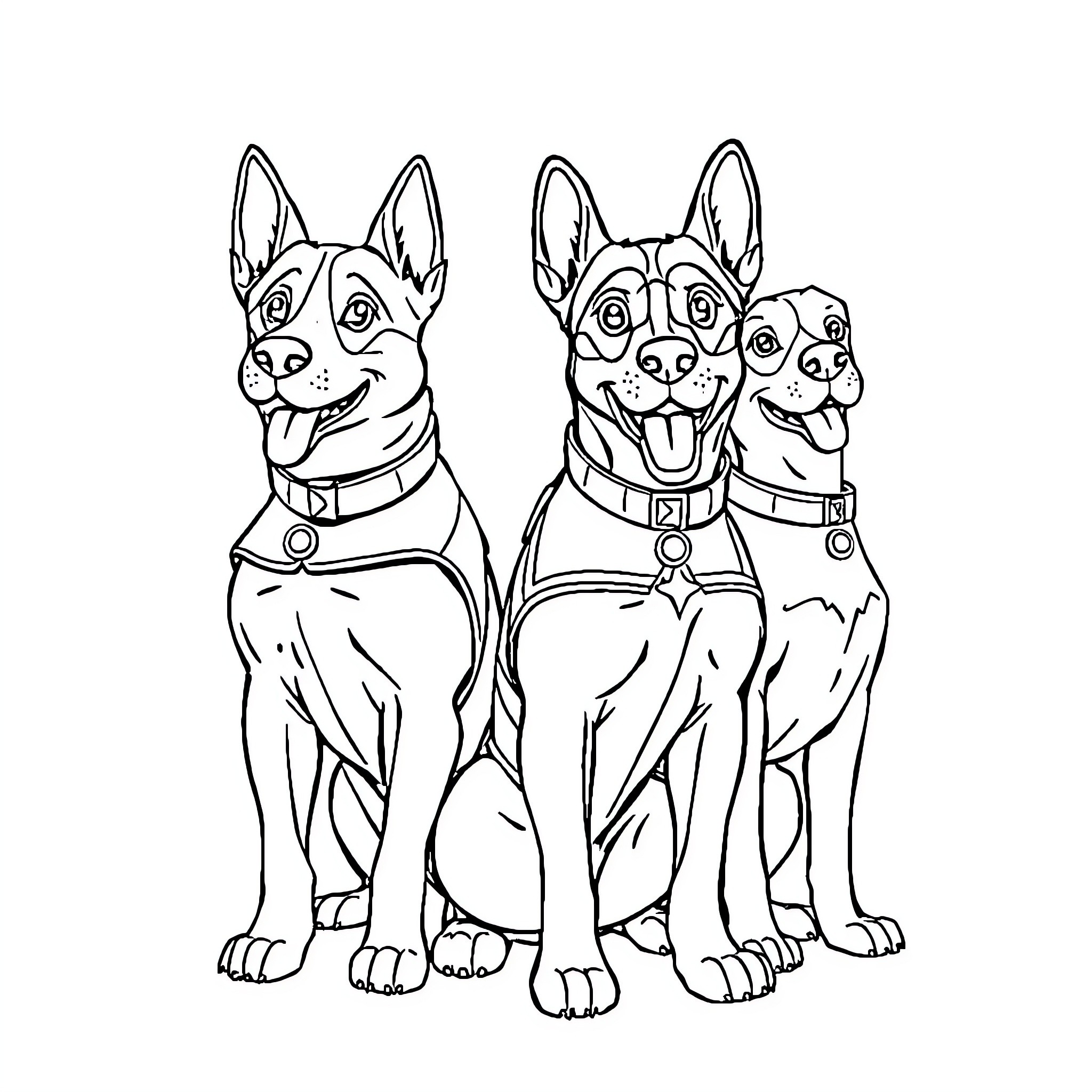 Paw Patrol dogs in action poses Coloring Page (free black-and-white line drawing printable PDF for all, from beginners to advanced learners, including children, teens, adults, and seniors)