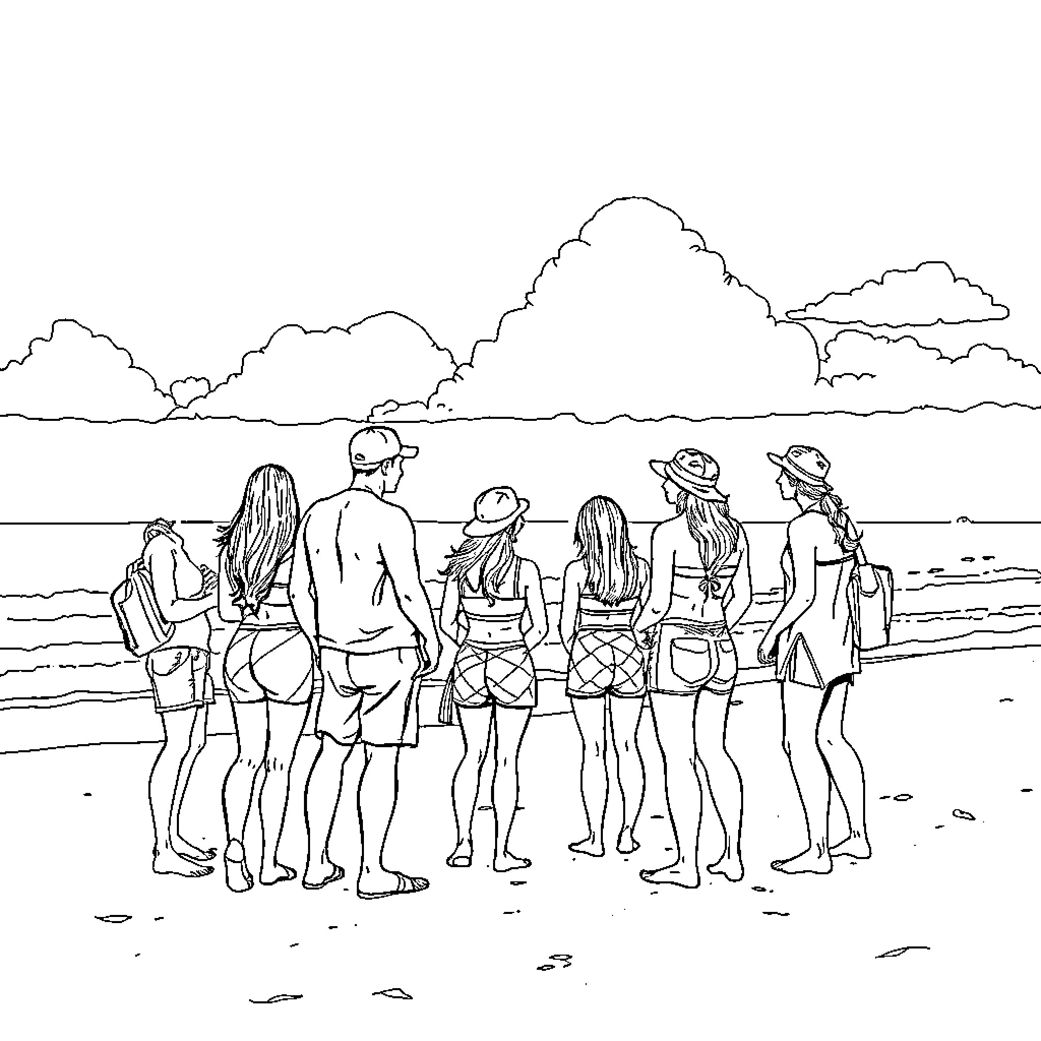 Beach day with a group of friends Coloring Page (free black-and-white line drawing printable PDF for all, from beginners to advanced learners, including children, teens, adults, and seniors)
