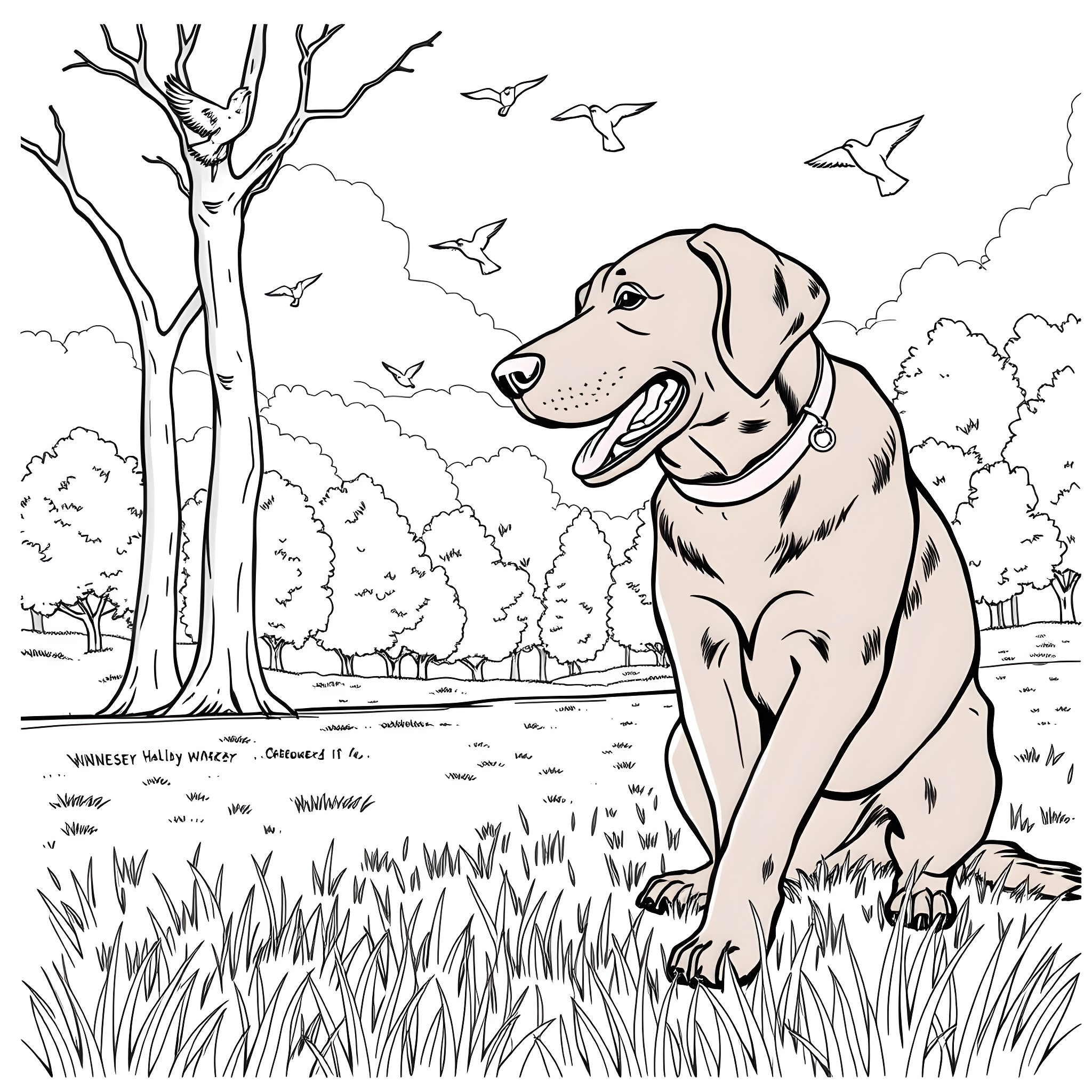 Skyla, the Joyful Labrador in the Serene Outdoors Coloring Page (free black-and-white line drawing printable PDF for all, from beginners to advanced learners, including children, teens, adults, and seniors)