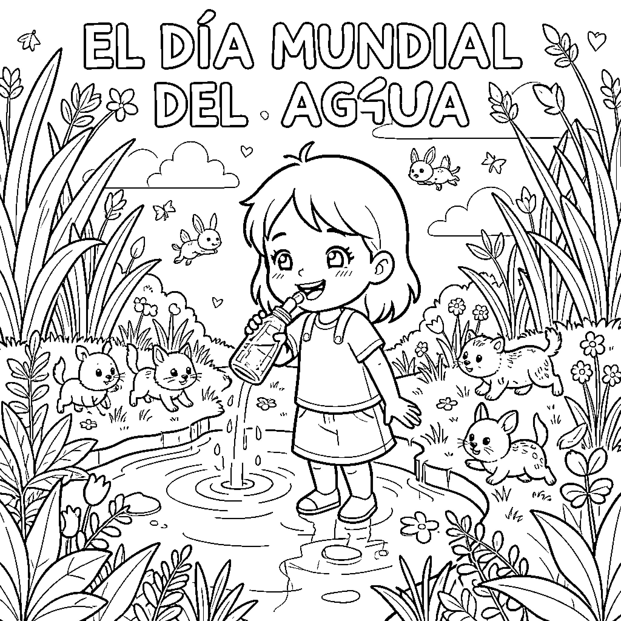 Girl watering plants and playing with bunnies in nature Coloring Page (free black-and-white line drawing printable PDF for all, from beginners to advanced learners, including children, teens, adults, and seniors)