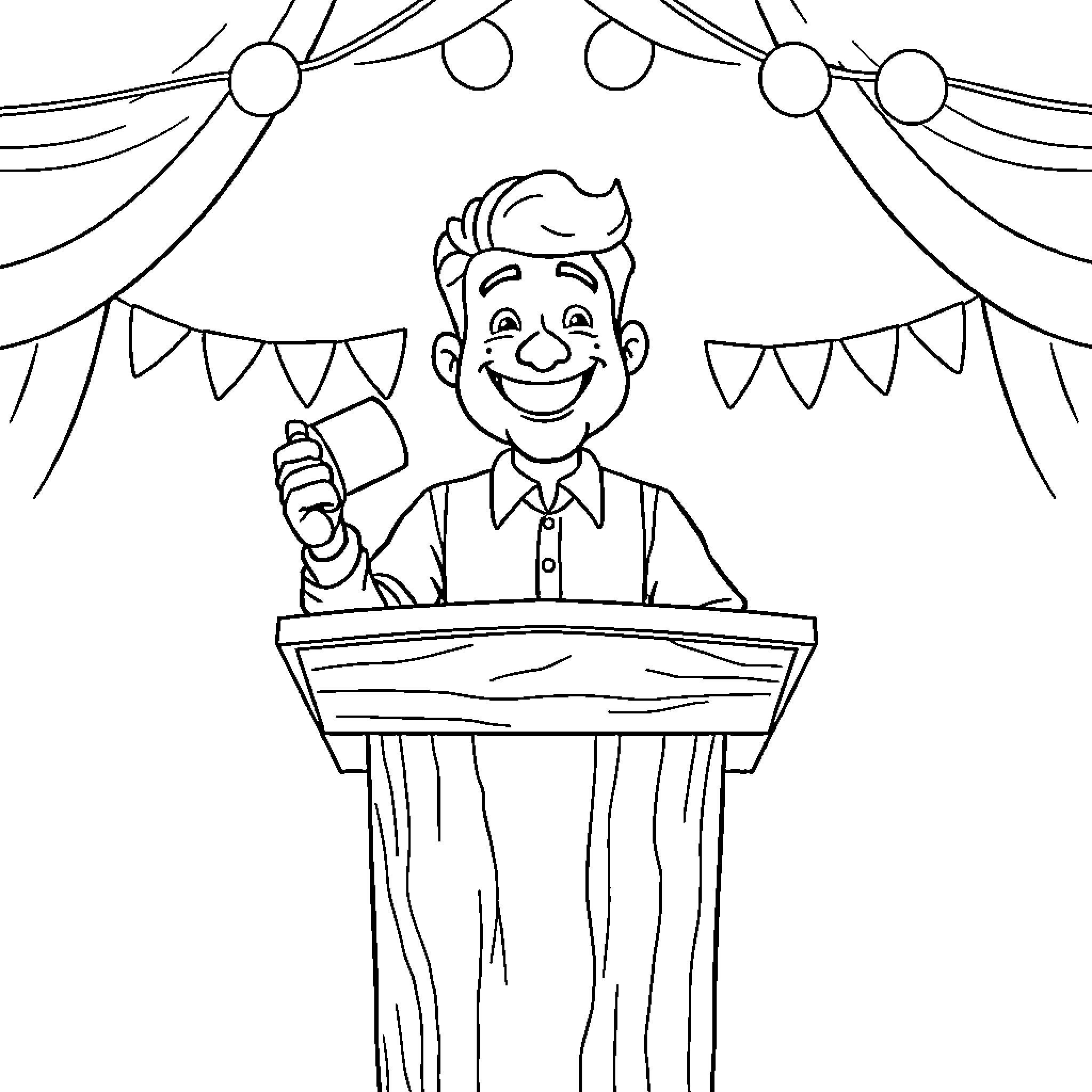 Man speaking at a podium in an event setting Coloring Page (free black-and-white line drawing printable PDF for all, from beginners to advanced learners, including children, teens, adults, and seniors)